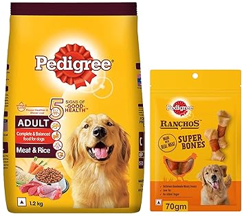Pedigree Adult Dry Dog Food- Meat & Rice, 1.2kg Pack & Pedigree RANCHOS Super Bones Chicken & Milky Flavour, 70 g