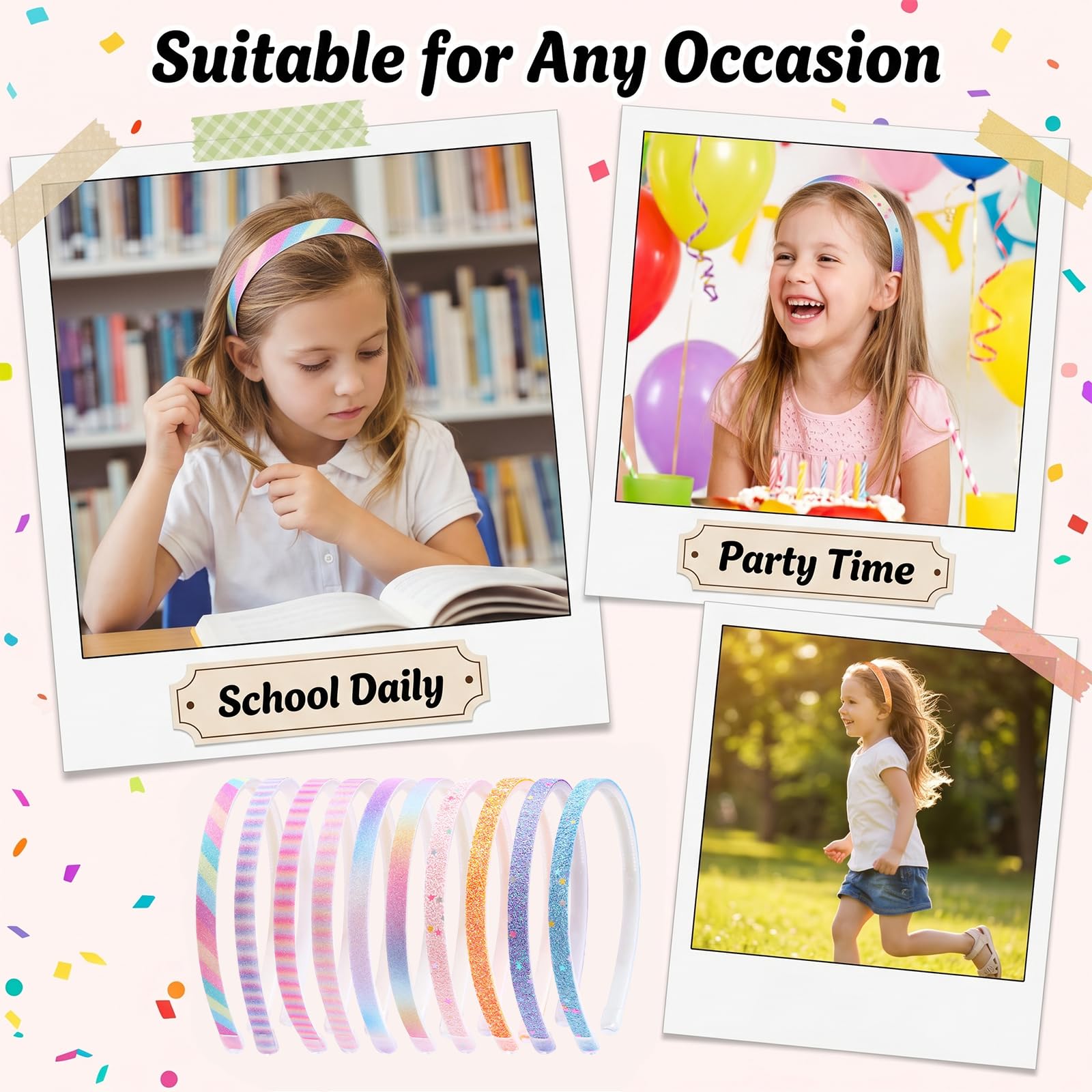 10 Pezzi Cerchietto per Capelli con Glitter, Graziose Cerchietti Bambina in Plastica con Denti e Coriandoli Arcobaleno Ntiscivolo Spesse per Bambine e Ragazze