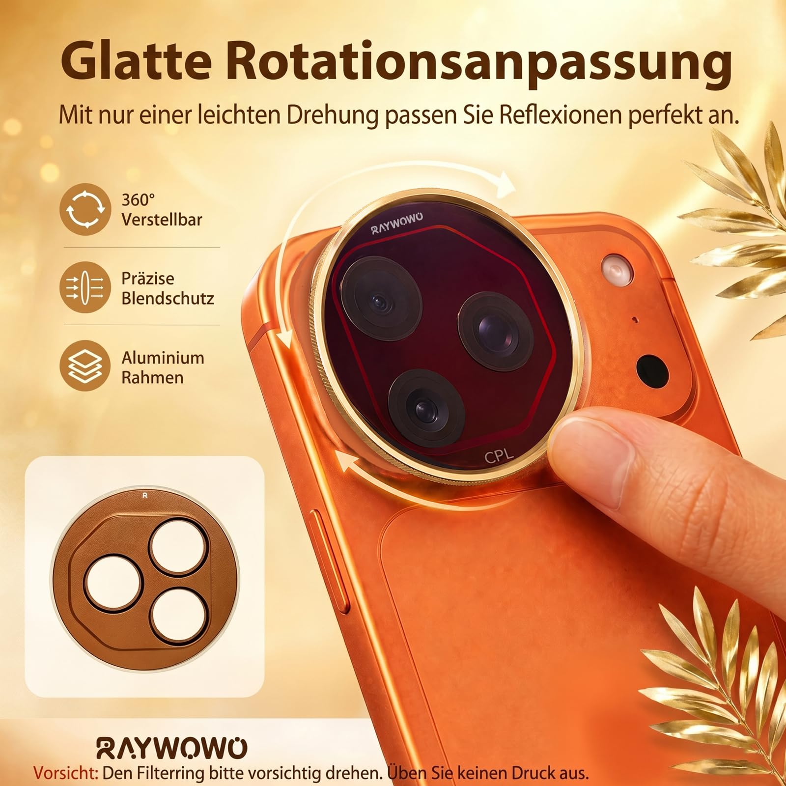 Filtro CPL con anello adattatore magnetico – adatto per iPhone 17 Pro (Cosmic Orange)