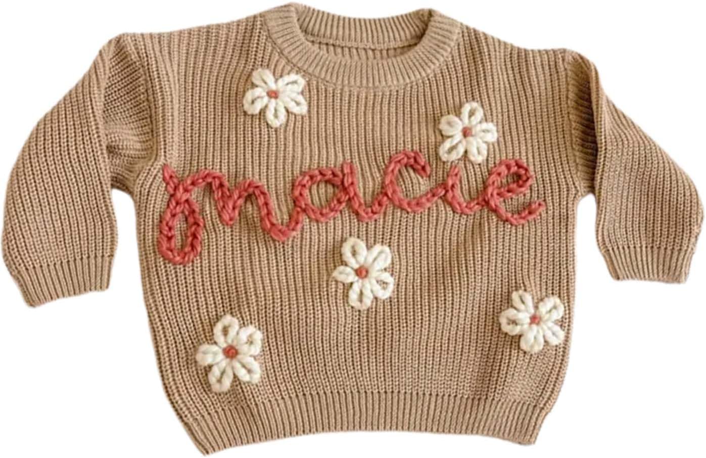 Personalized Baby Embroider Floral Sweater Crewneck, Custom Name Knit Oversized Jumper Sweaters Puffy Letter Boho Sweater