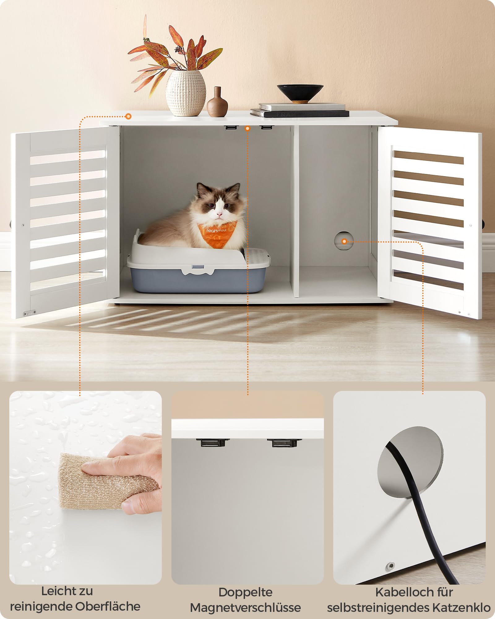 Feandrea Katzenklo-Schrank, Katzenhaus mit herausnehmbarer Trennwand, 2 Lamellentüren, Katzentoilette, Beistelltisch, 80 x 53 x 49 cm, wolkenweiß PCL003W01