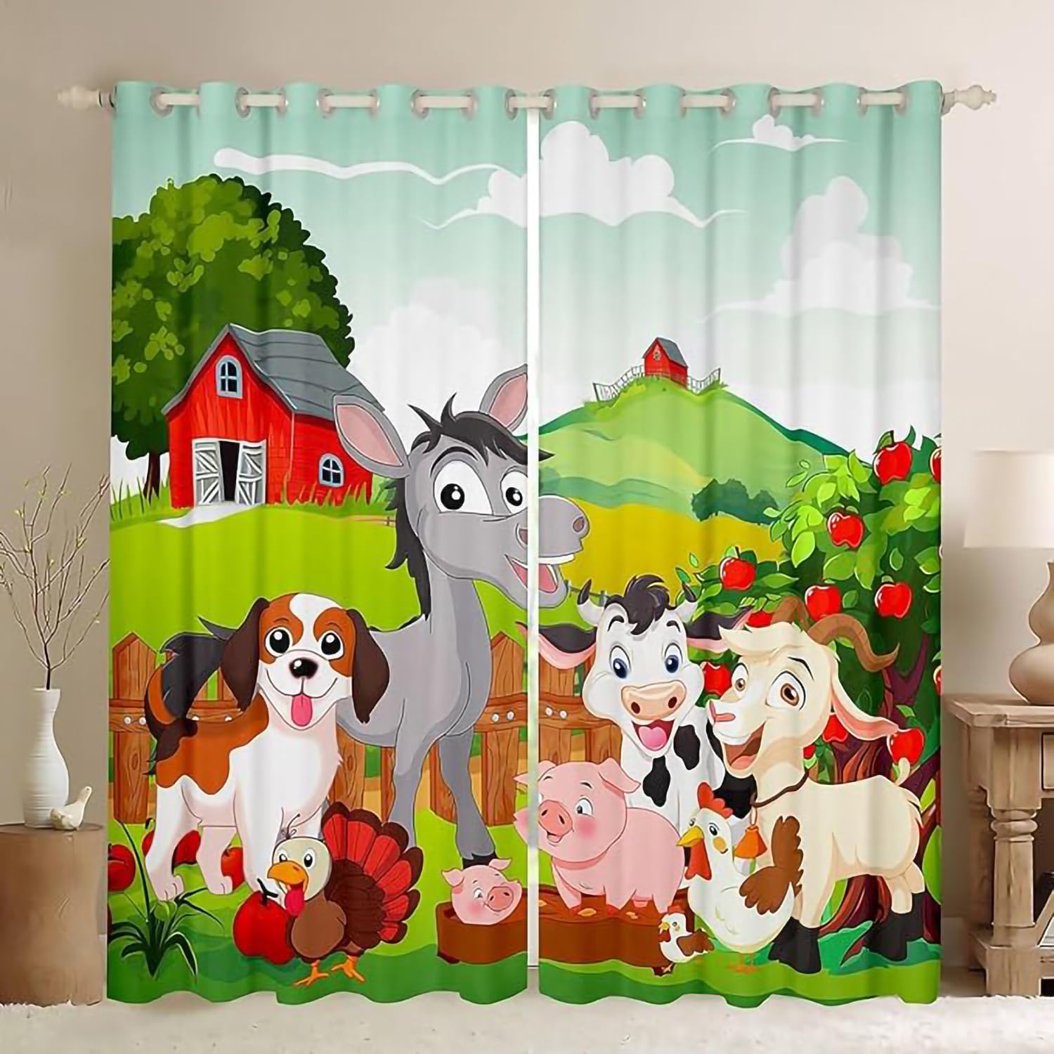 Cartoon Bauernhof Tiere Verdunkelungsvorhang Mit Ösen, Bauernhaus Landhausstil Blickdichte Vorhänge Hund Esel Schwein Milchkuh Schaf Huhn 220x215cm Für Jungen Mädchen Kinder Schlafzimmer