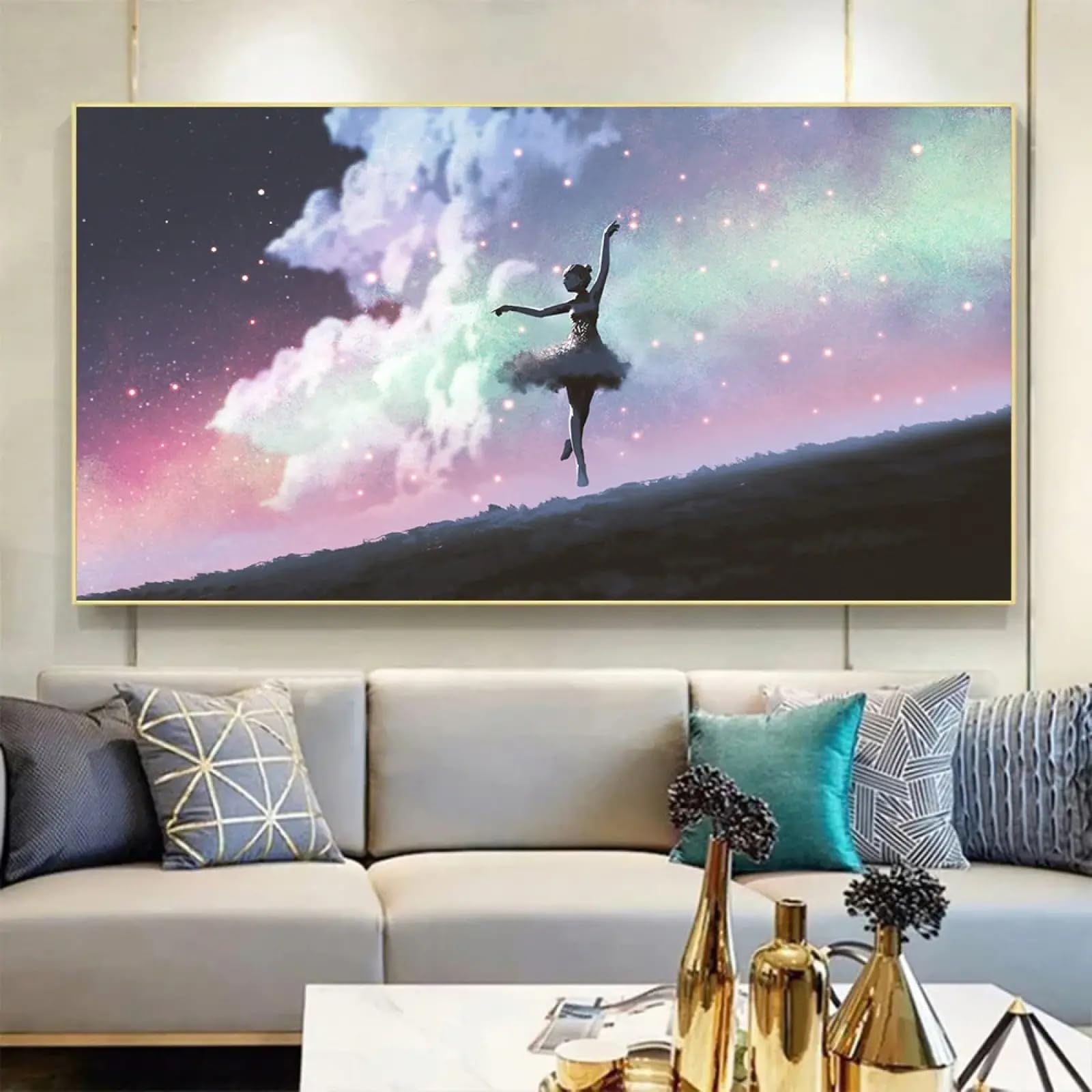 XBTYKPB Impresión en lienzo de una bailarina de ballet de fantasía, pintura de pared a la luz de la luna, para decoración de dormitorio y sala de estar, 70 x 140 cm, con marco