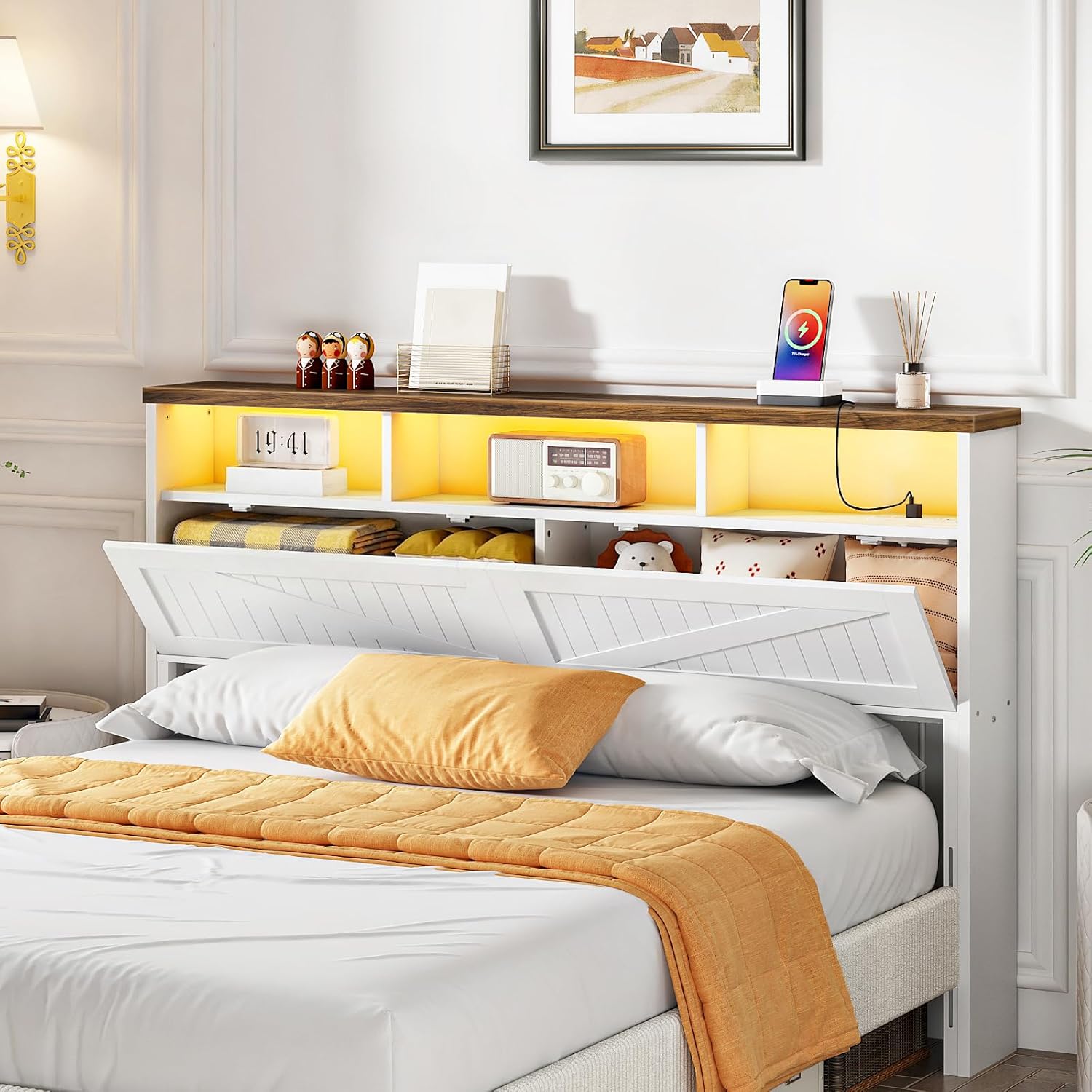 HOOBRO Queen Headboard, Headboard Queen Size with Flip-Down Hidden Storage Drawers, Farmhouse Queen Headboard Only with Charging Station and LED Lights, Wall Mounted Headboards, White and Walnut