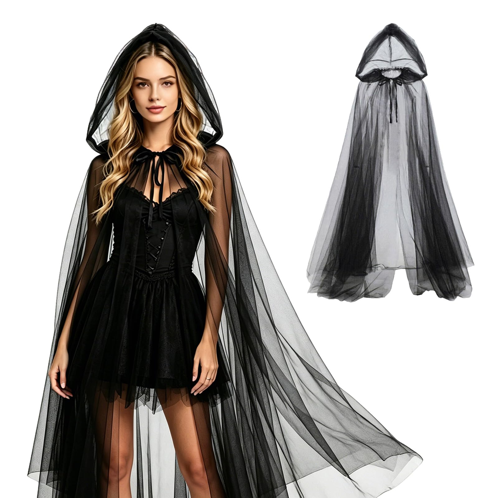 FOSDICK Black Cloak with Hood, Halloween Cloak, Tulle Black Cape 187cm/76in