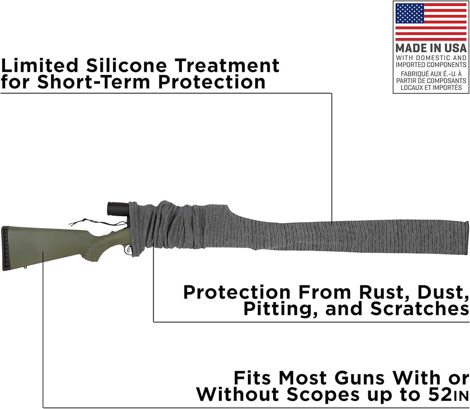 Allen Company Knit Gun Sock for Rifle/Shotguns With or Without Scope - Anti-Rust and Silicone-Treated for Gun Safe, Bag, and Case Storage - Drawstring Closure - 52" Gray - 3 Pack