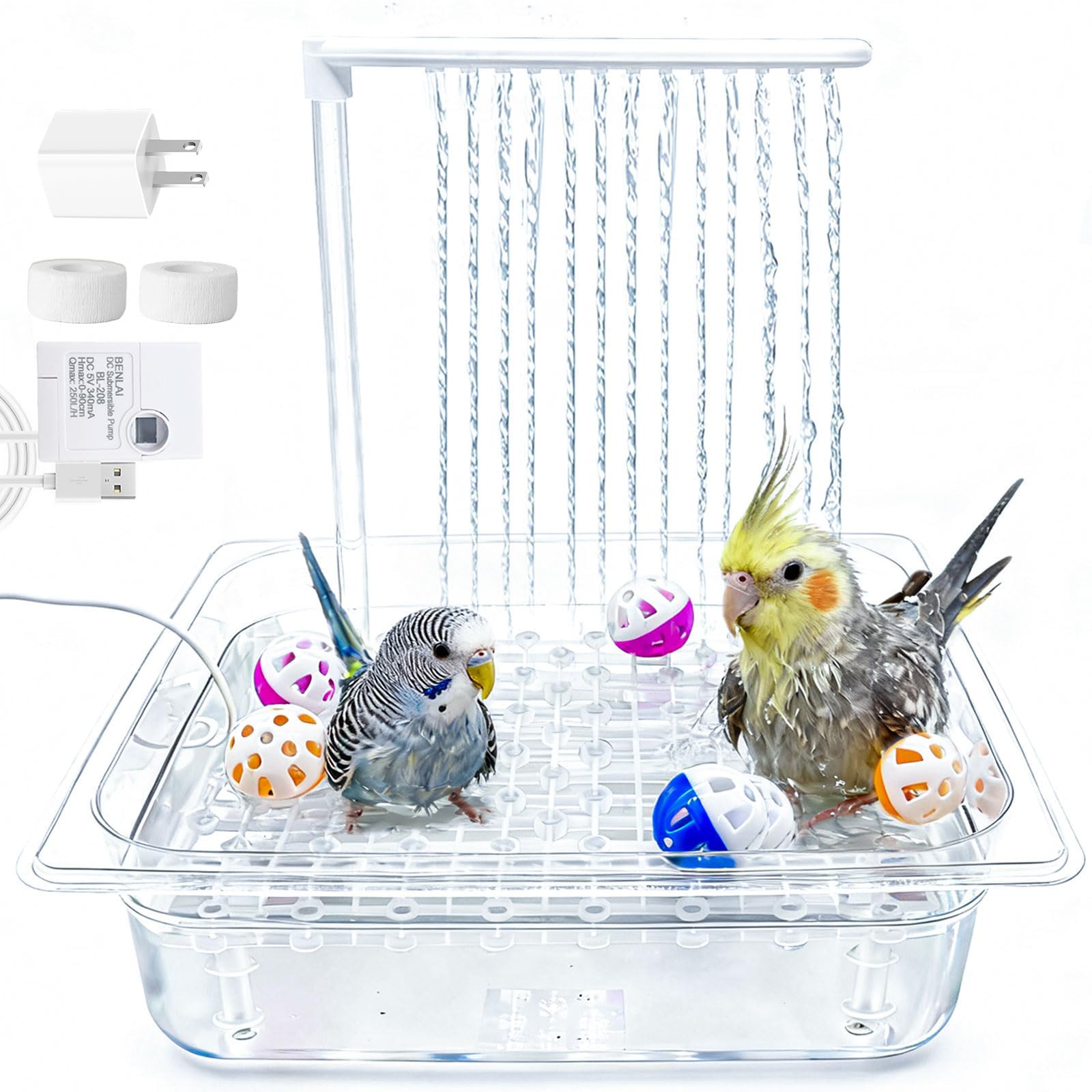 Parakeet Bird Bath with Pump,Large Automatic Parrot Bathtub Shower Fountain