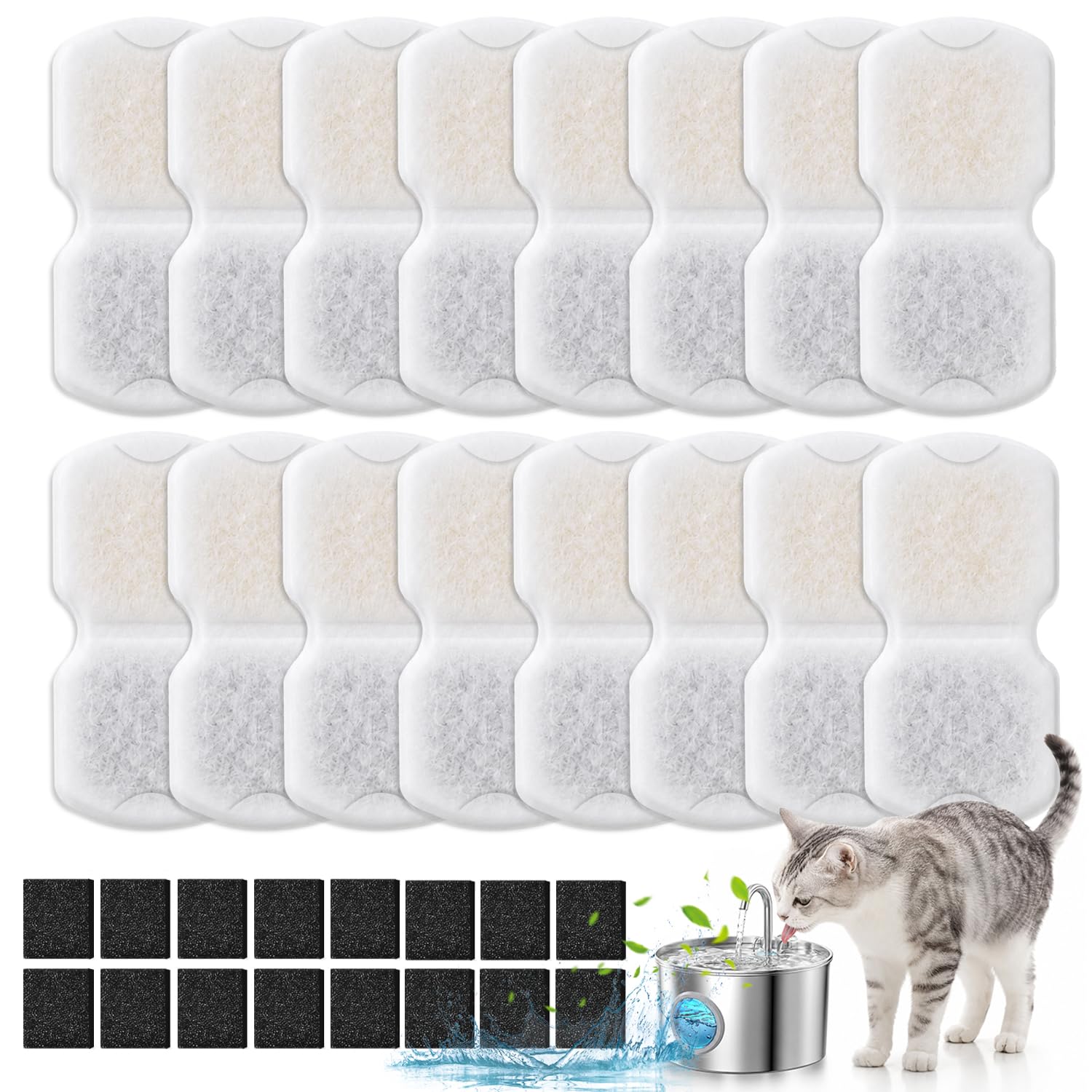 32 Stück Katzenbrunnen Filter, Ersatzfilterkartusche für Haustier Wasserspender Kompatibel Katzenbrunnen aus Edelstahl Katzen Wasserspender Brunnenfilter, 16 Kohlefilter + 16 Schaumfilter