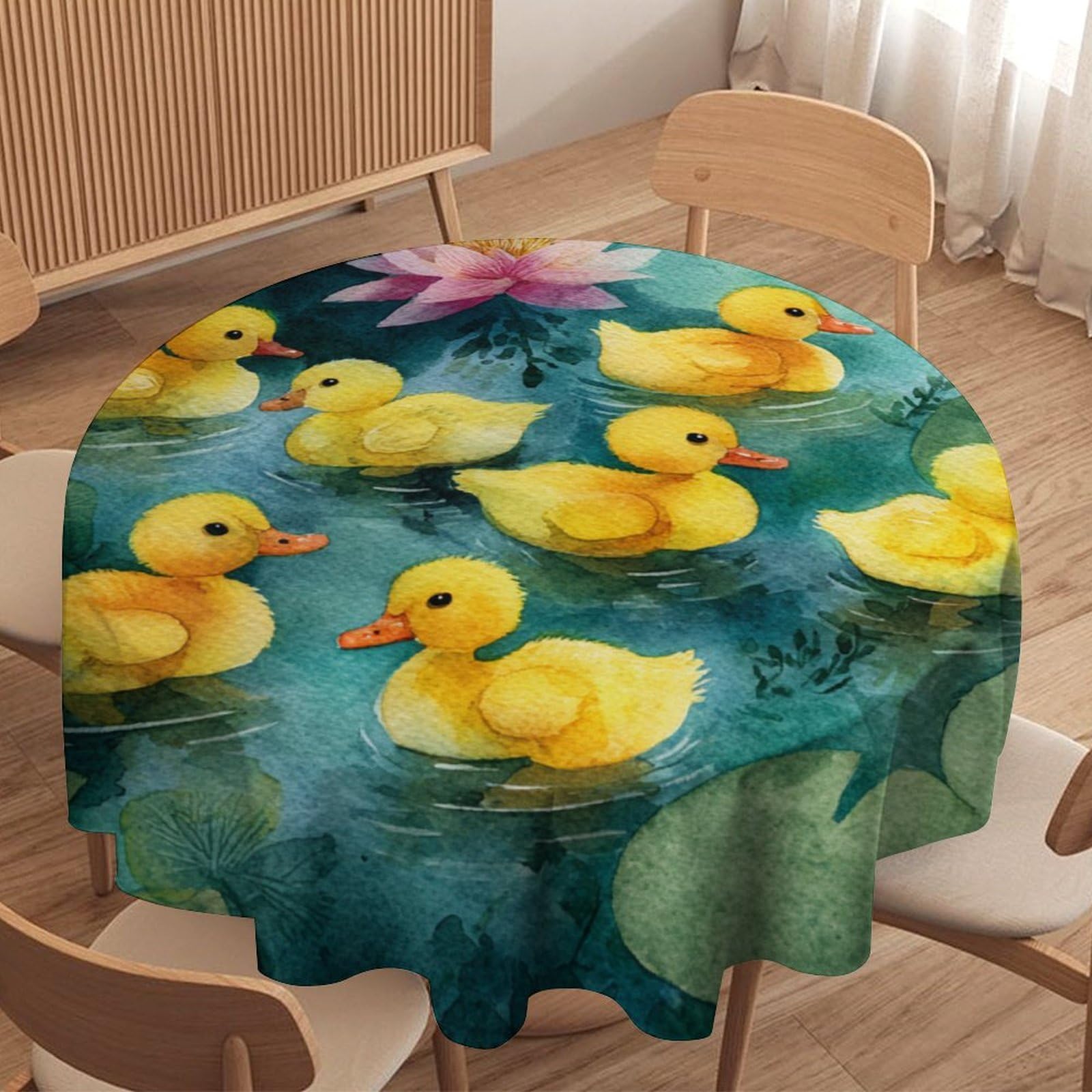 LUYYSKY Funny Realistic Ducklings Waterproof Round Tablecloth Classic Oil Painting Spring Lotus Flowers Animals Ducks Print Washable Table Cover for Kitchen-177.8" Wx177.8 L cm