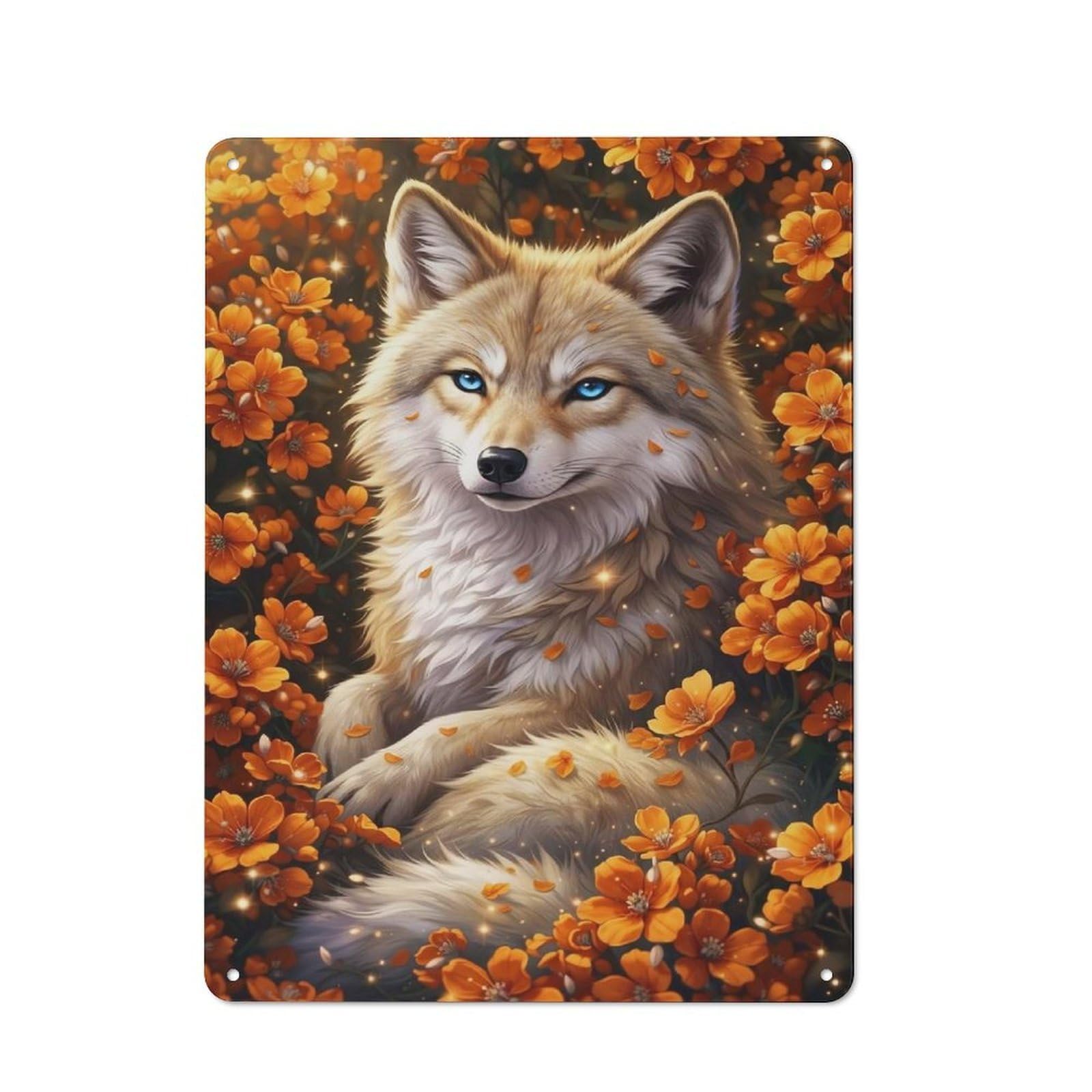 Junmoney Style-19 Tin Wall Plaque 40X30cm With Wolf Among Marigold Blooms For Hobby Room Or Studio, For Themed Interiors In Hobby Rooms And Studios
