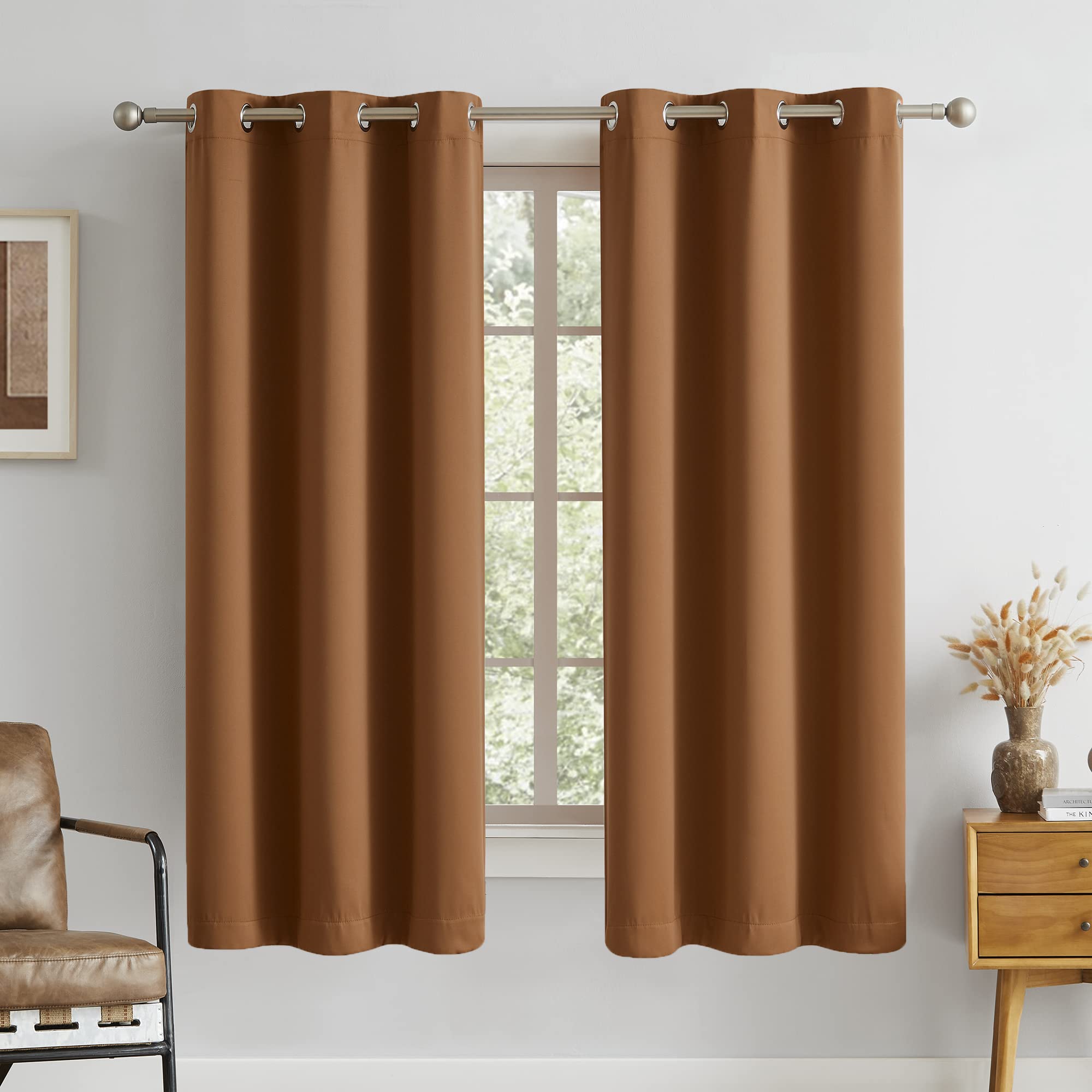 DUALIFE Oak Curtains 63 Inches Long 2 Panels Set, Caramel Brown Orange Blackout Bedroom Curtains Room Darkening Thermal Insulated Grommet Drapes 34 x 63 Inch