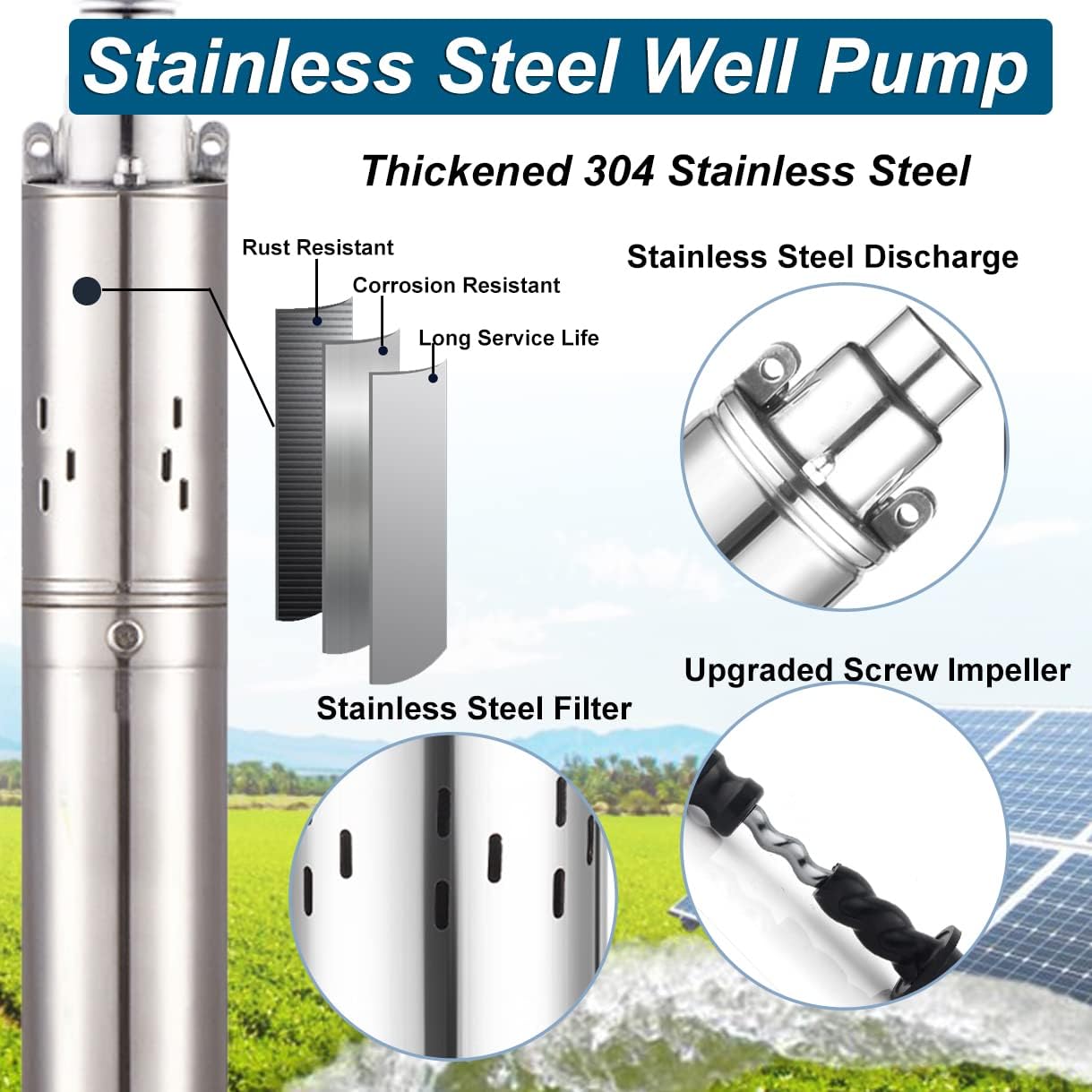 Solar Water Pump, DC Submersible Deep Well Pump, 3 inch Stainless Steel Deep Well Pump with 50ft Power Cord for Industrial Irrigation Household Water Tank Water Supply (12V-250W Well Pump)