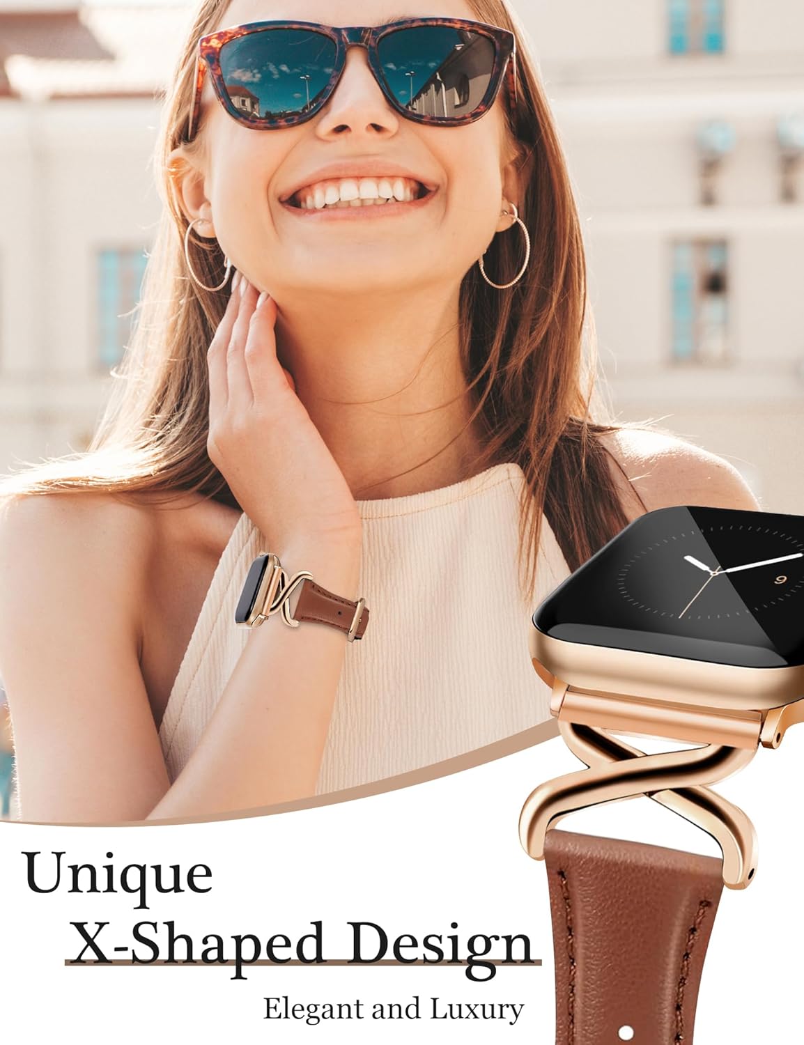 JR.DM Leather Bands Women Compatible with Apple Watch 40mm 38mm 44mm 45mm 41mm 42mm 46mm 49mm Dressy Thin Designer Strap with X-Shaped Metal Crown for iWatch Series Ultra/SE/11/10/9/8/7/6/5/4/3/2/1 Brown - Image 3