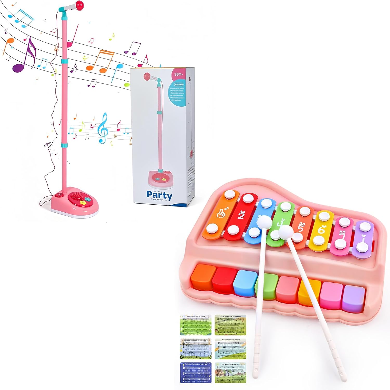 Kids Karaoke Microphone with Adjustable Stand & 2-in-1 Piano Xylophone Toy, Birthday Gift for Toddlers Ages 1–3