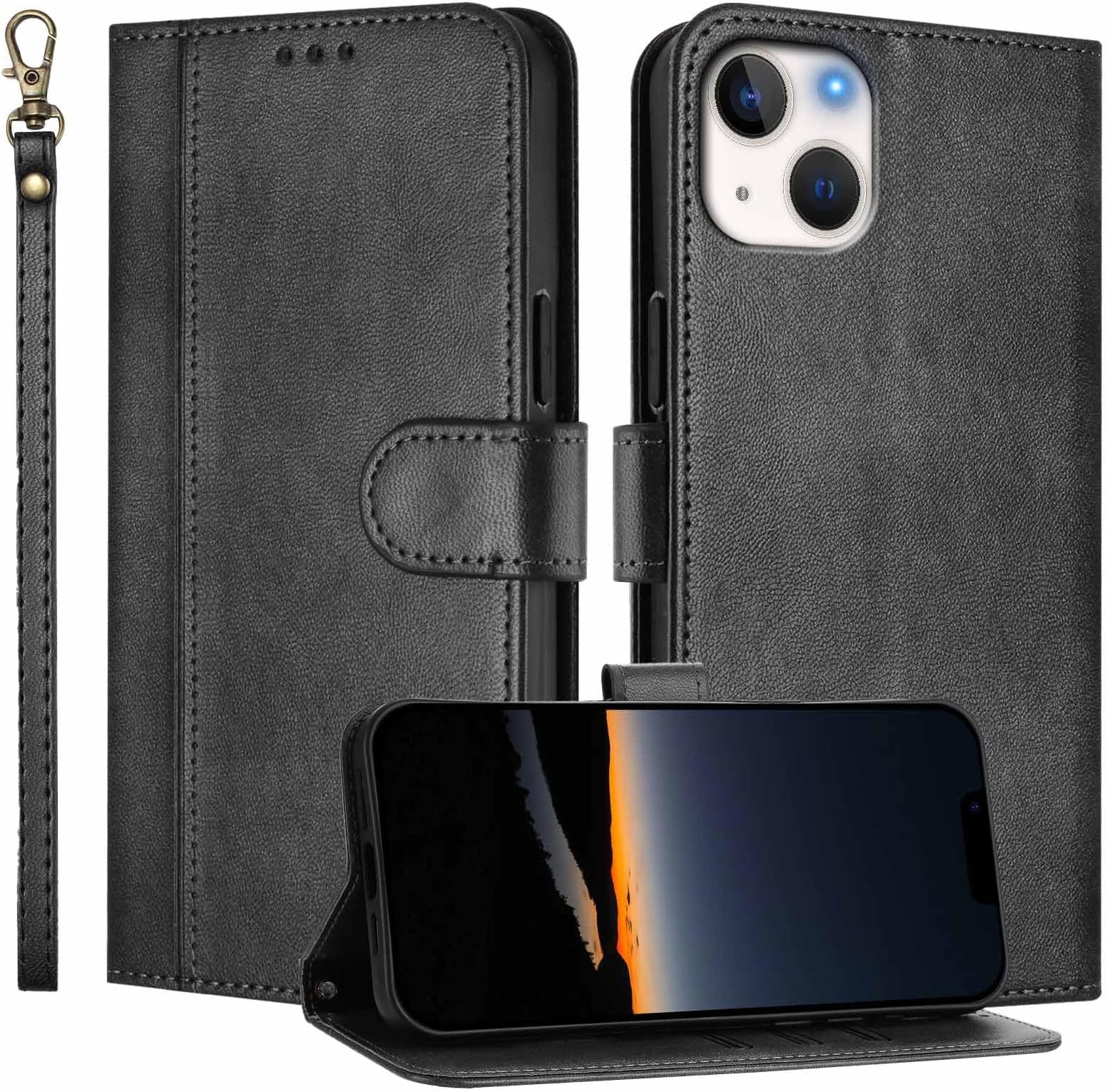 for iPhone 13 Mini Case Wallet, Card Holder Slots & Wrist Strap, PU Leather Flip Cover, Magnetic Closure, Kickstand, Folio Protective Cases for iPhone 13 Mini (Black)