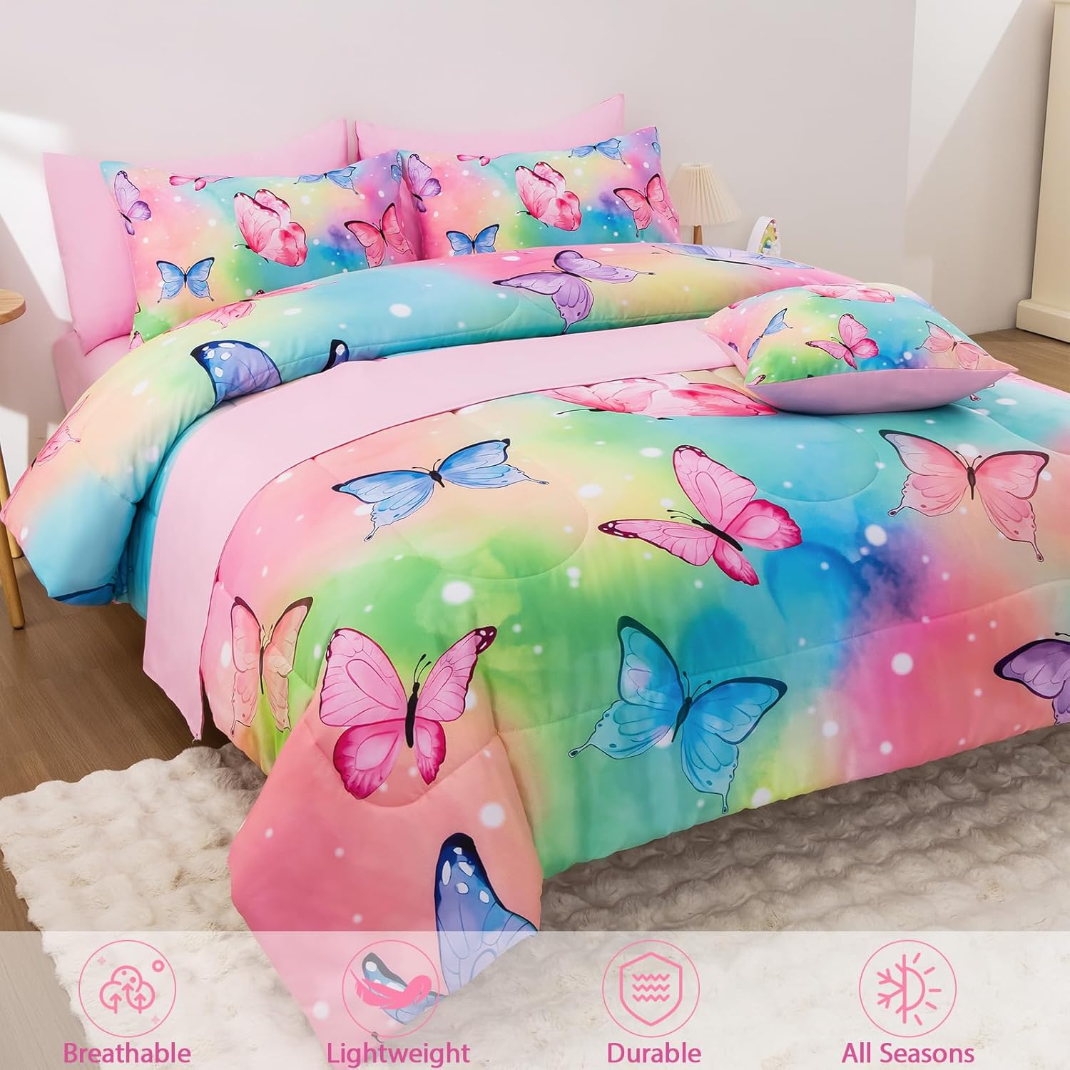 Butterfly Comforter Set Full Size 8 Piece Bed in A Bag Colorful Flowers Leaves Bedding Set for Kids Teens Super Soft All Season - Rainbow - Image 4