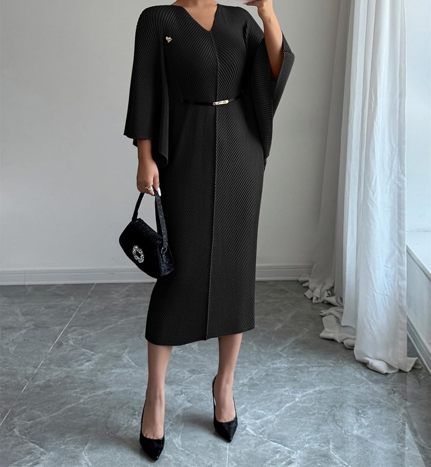 Womens Pleated Midi Dress Casual Loose 3/4 Sleeve High Stretch V Neck Pleat Dress - Image 5