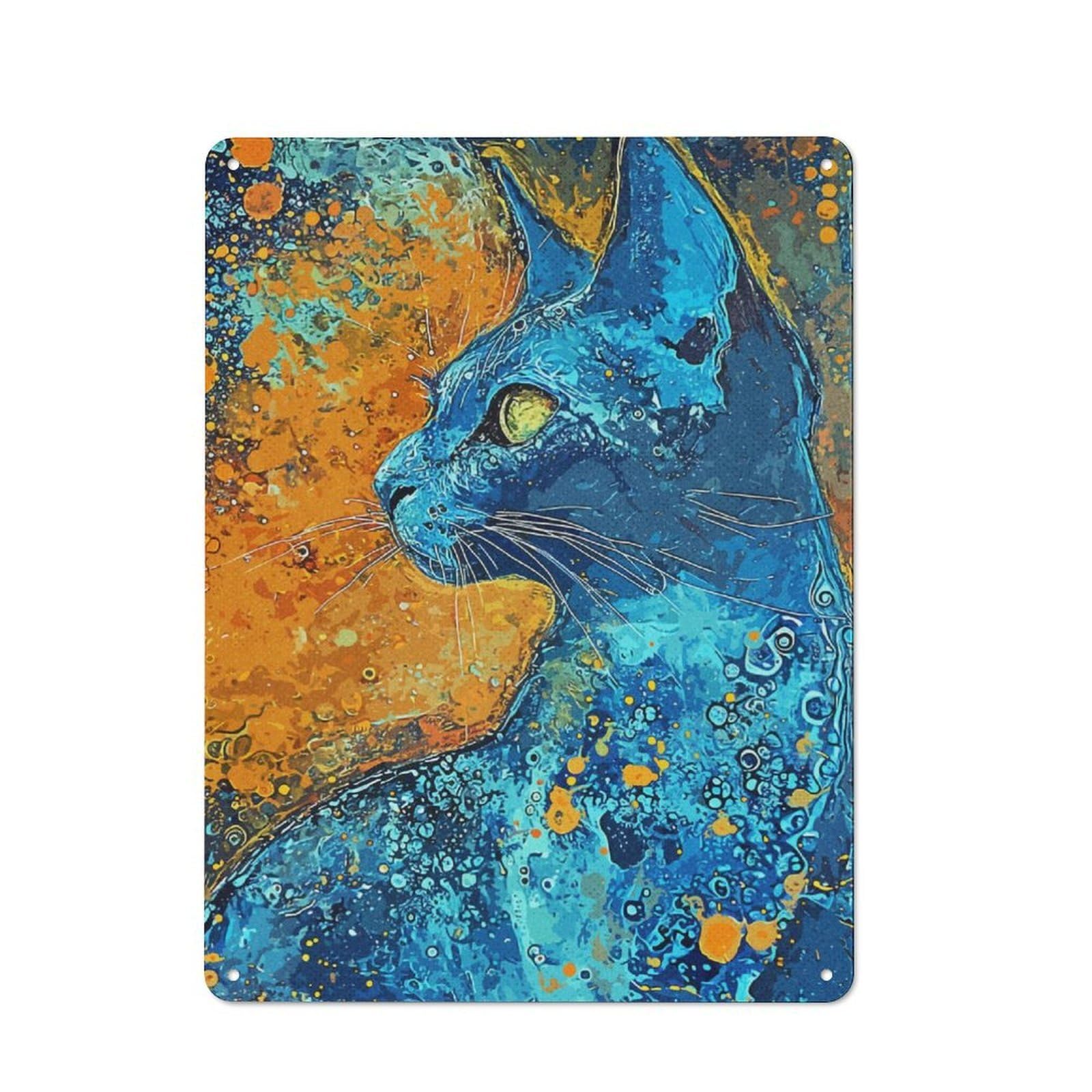 Blue Cat Painting Rustic Metal Sign 40x30cm for Pub Or Café, for Collectors of Rustic Metal Wall Decor
