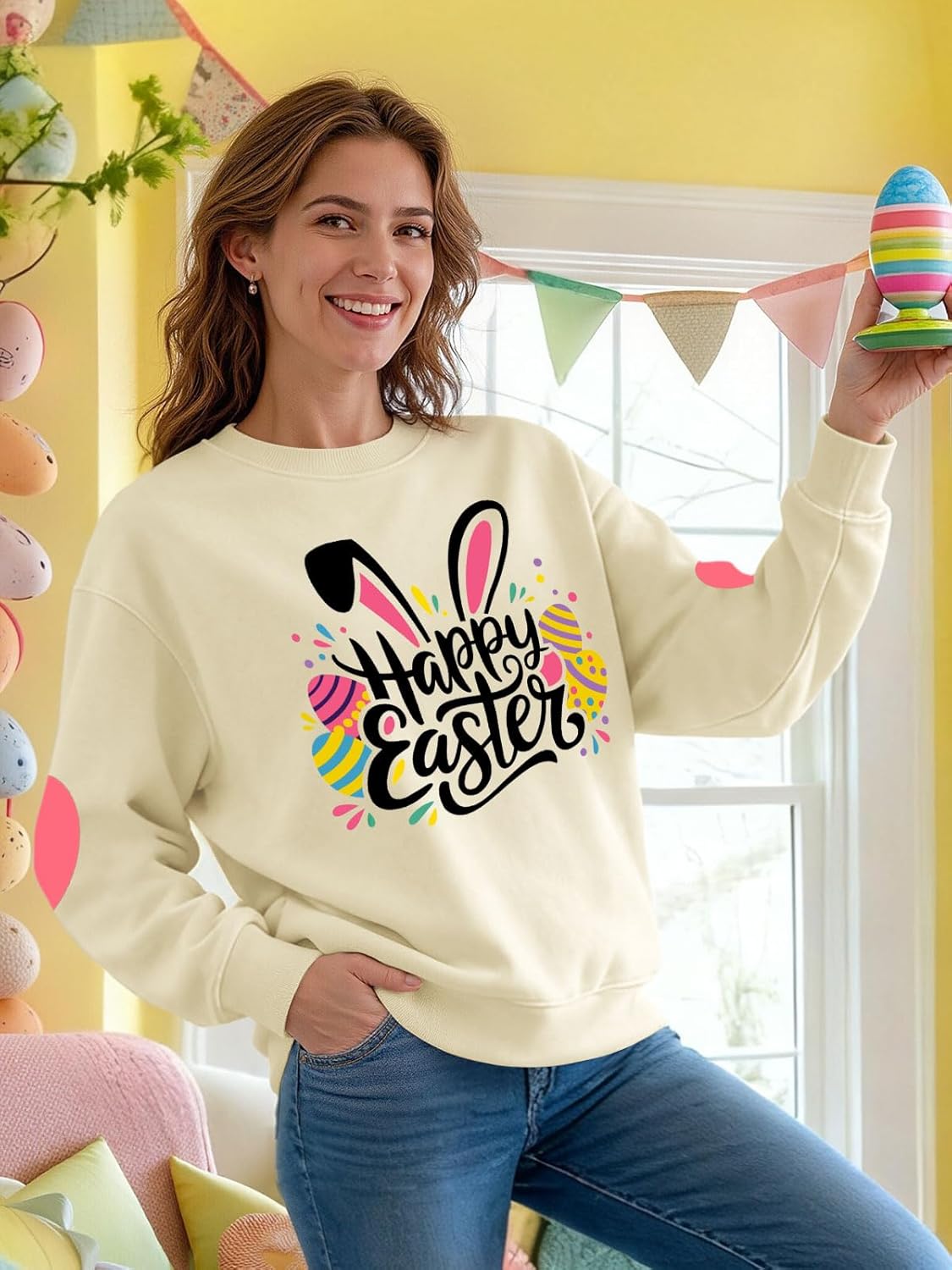 Easter Sweatshirts for Women Cute Easter Bunny Shirt Casual Rabbit Graphic Pullover Tops - Image 2
