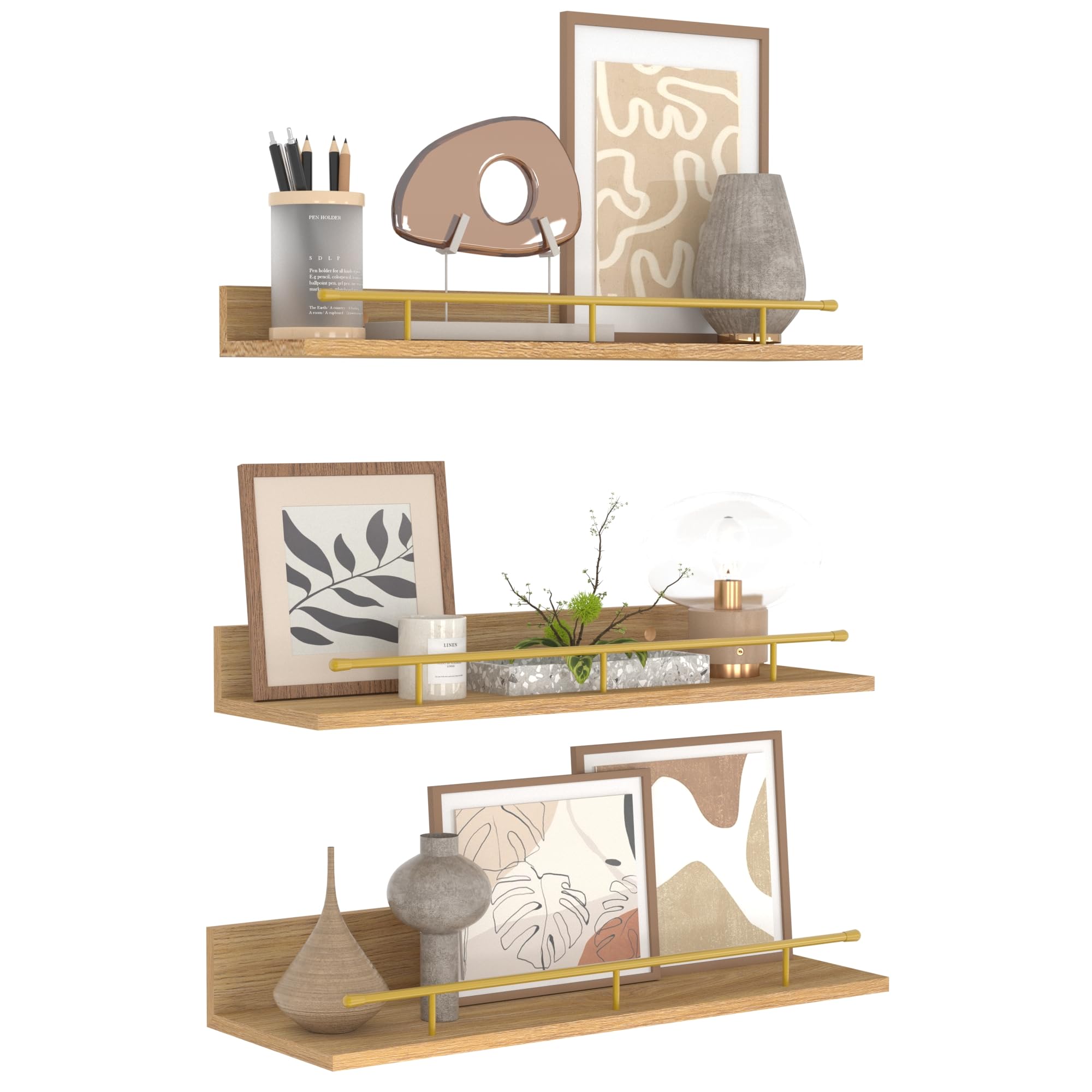 RLAVBL Conjunto de Estanteria Pared de Madera con Barrotes de Hierro Dorado, Juego de 3 Baldas Pared de Diferentes Tamaños, 40cm - Ideal para Almacenamiento en Cocina, Baño y Salón.