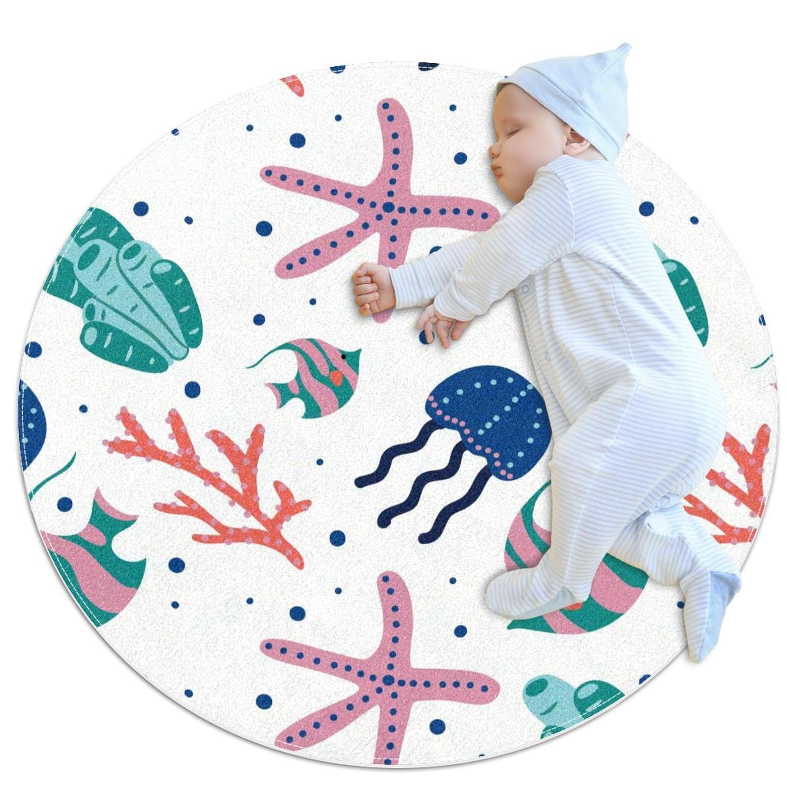 Tapis de bain rond 1m motif océan avec envers antidérapant chambre
