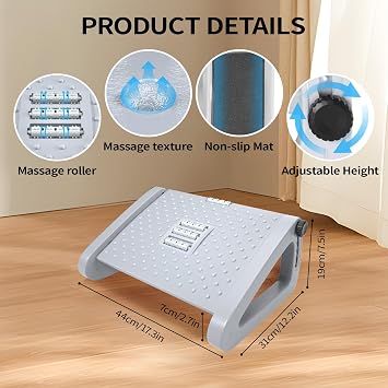Foot Rest Under Desk, Ergonomic Foot Stool at Work with 6 Adjustable Heights and Massage Function, Comfortable Under Desk Foot Rest for Pressure Relief, Footstool for Office, Home (Grey)
