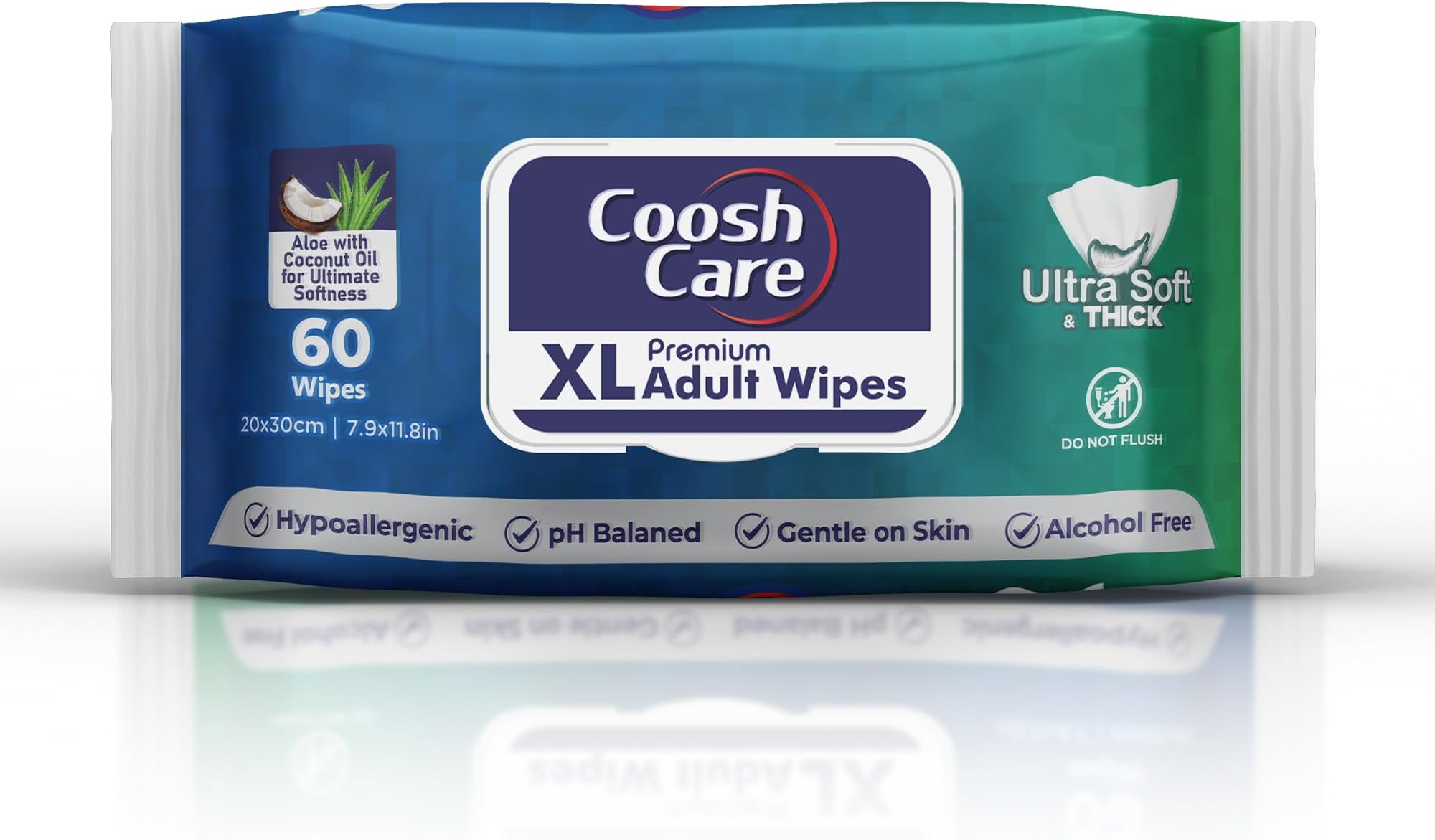XL Adult Wipes - Gentle Aloe Vera and Coconut Oil Infused Cleansing Wipes for Sensitive Skin - Alcohol-Free and pH Balanced (60 Count (Pack of 1))