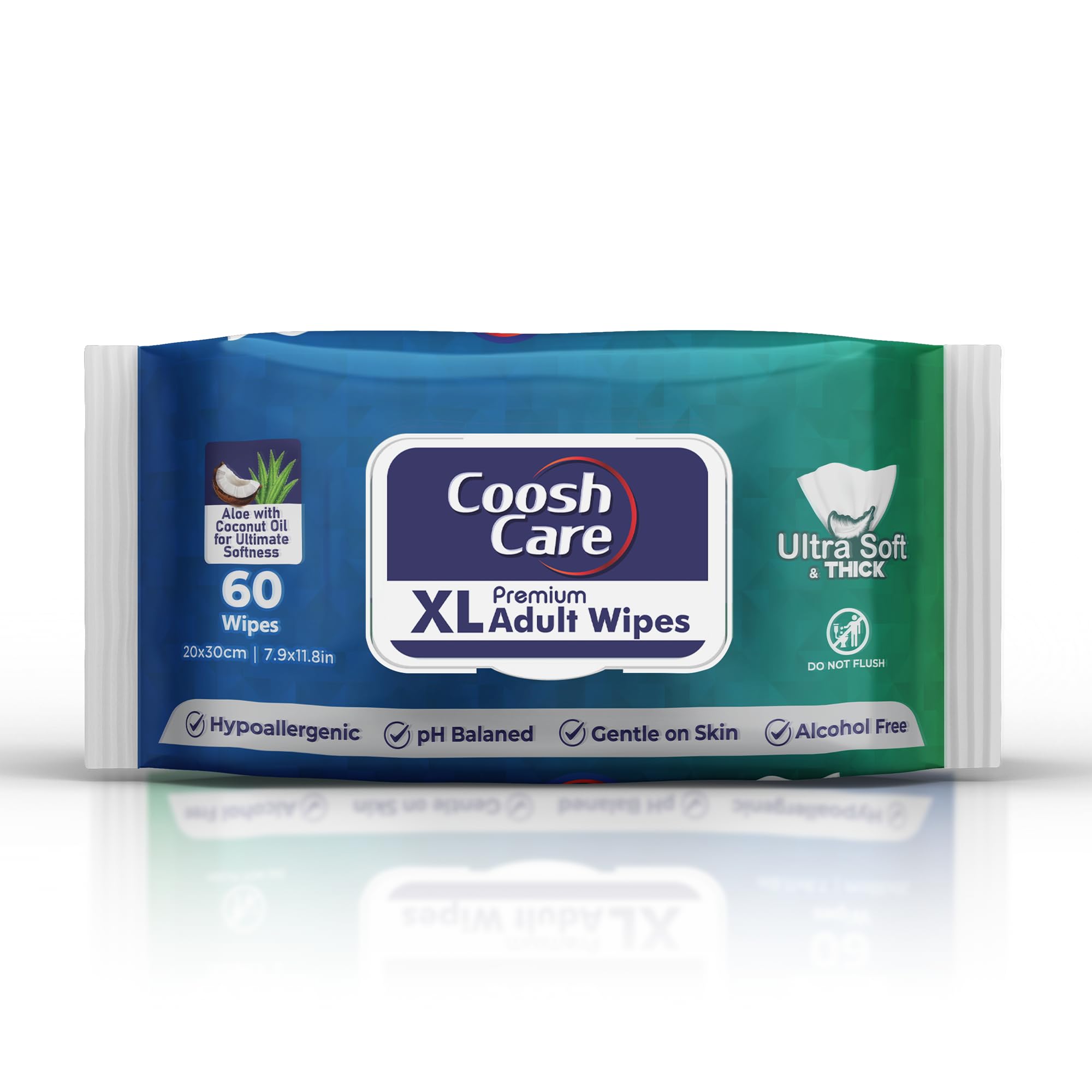 XL Adult Wipes - Gentle Aloe Vera and Coconut Oil Infused Cleansing Wipes for Sensitive Skin - Alcohol-Free and pH Balanced (60 Count (Pack of 1))