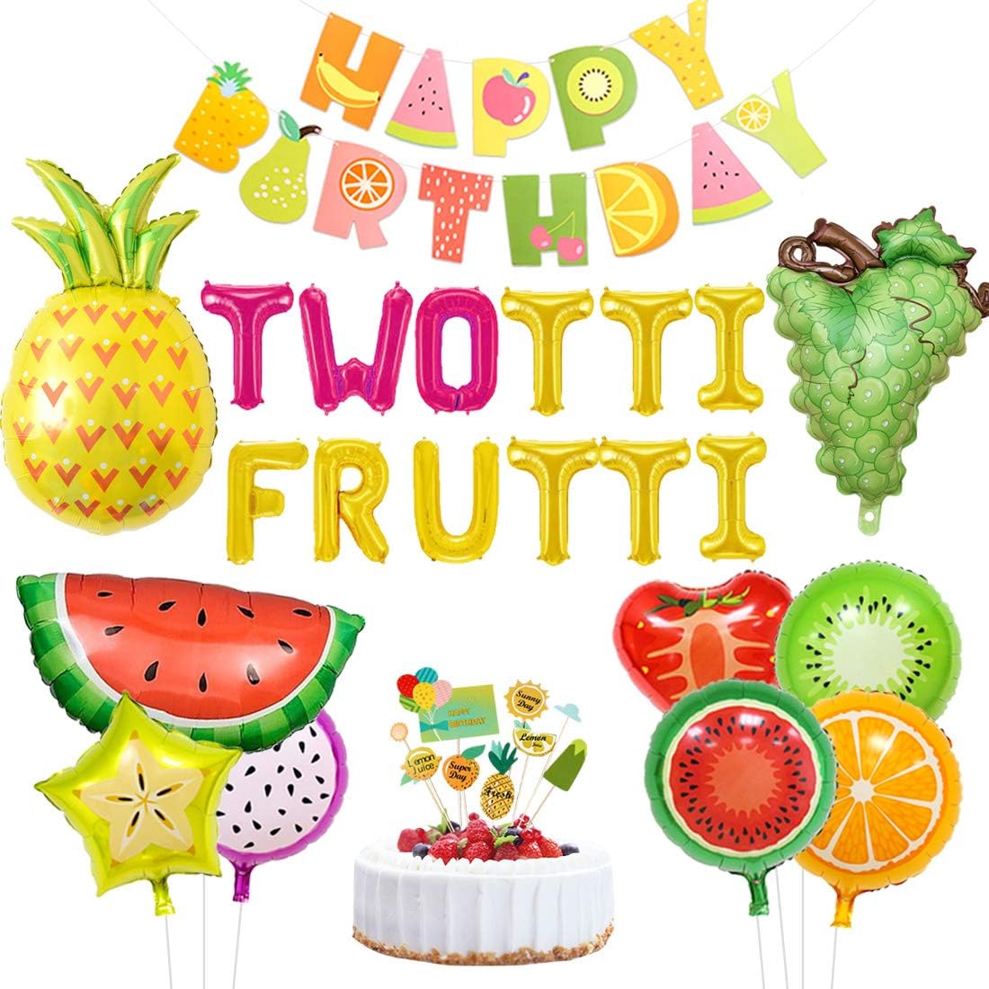 Twotti Fruity Birthday Decorations Party Supplies Twotti Frutti Balloons Cupcake Topper Grape Pineapple Watermelon Balloons for 2nd Birthday Baby Shower