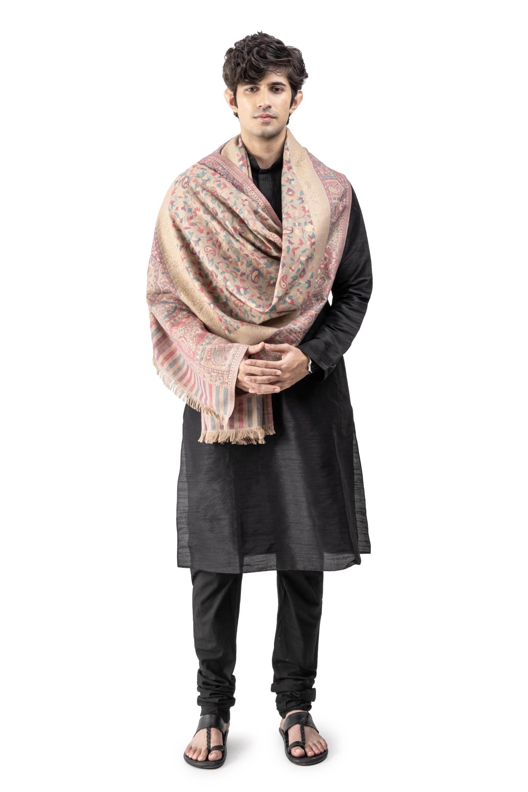 naureen Men Faux Pashmina Kani Shawl with Mughal Artwork and Zari Accents, Warm and Soft, 40x80 inch-picture-13