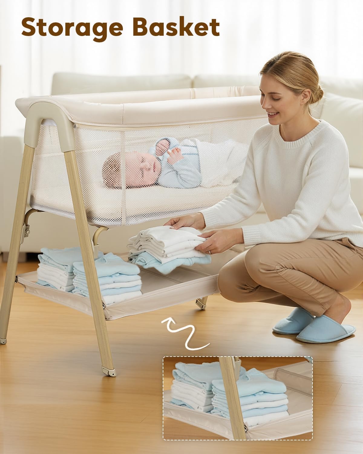 Baby Bassinet, Bedside Bassinet for Baby, Bassinet Bedside Sleeper with Mattress, Storage Basket and 4 Auto-Lock Wheels, Full-Mesh Sides, Bedside Mini Crib for Newborn (Beige) - Image 4
