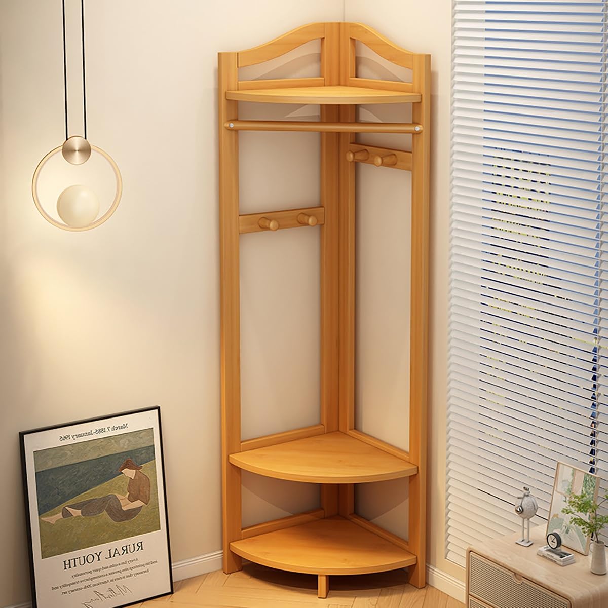 Perchero esquinero de bambú natural con estante, multifuncional para entrada de árbol de pasillo con ganchos y almacenamiento para dormitorio, sala de estar y pasillo