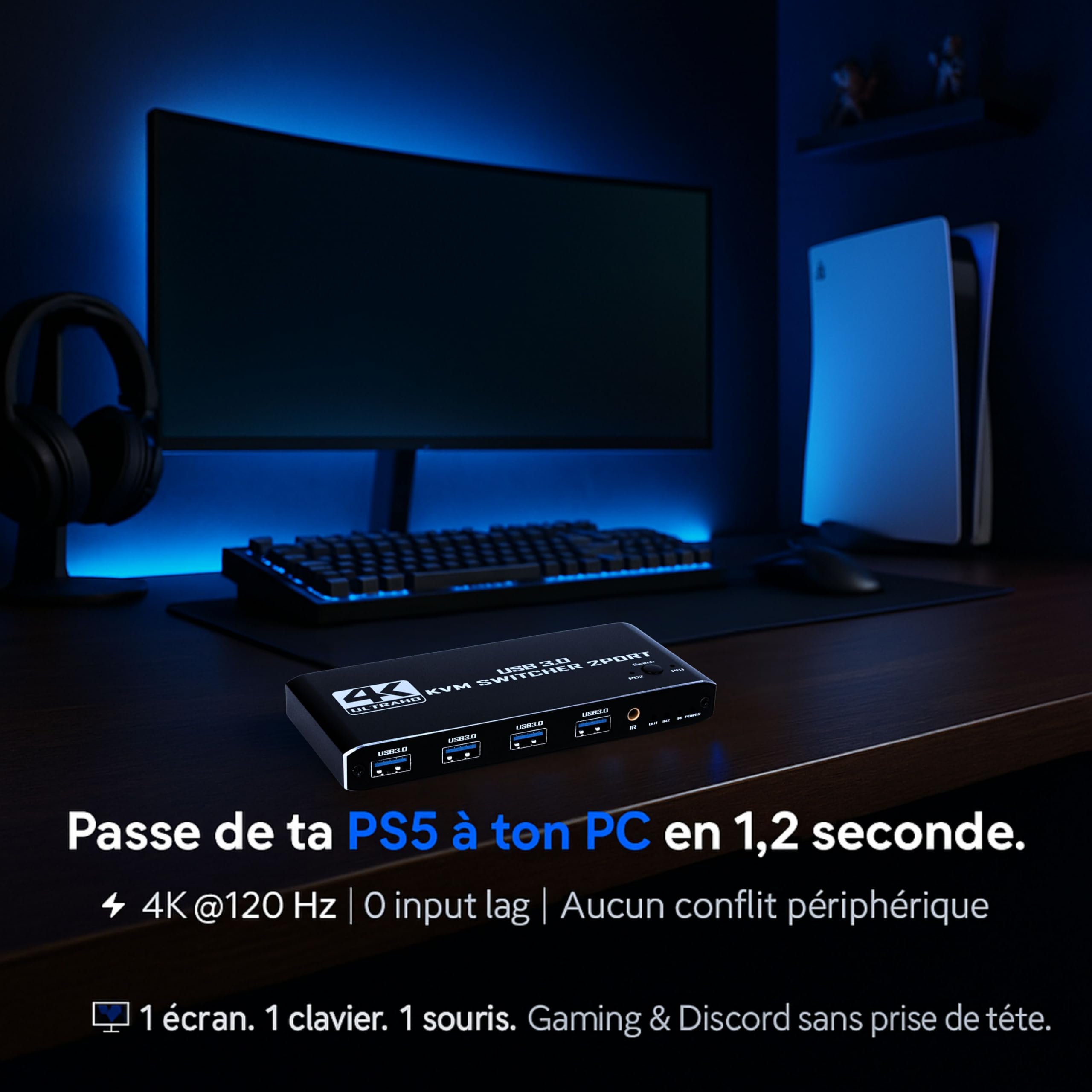 KVM Switch HDMI 4K 120 Hz – Pack Câbles & Adaptateurs Inclus – Commutateur KVM 2 PC 1 Écran USB 3.0 | Boîtier Aluminium Noir Mat Compact 12 cm | Compatible Windows/macOS / PS5 | Plug&Play 0 Latence