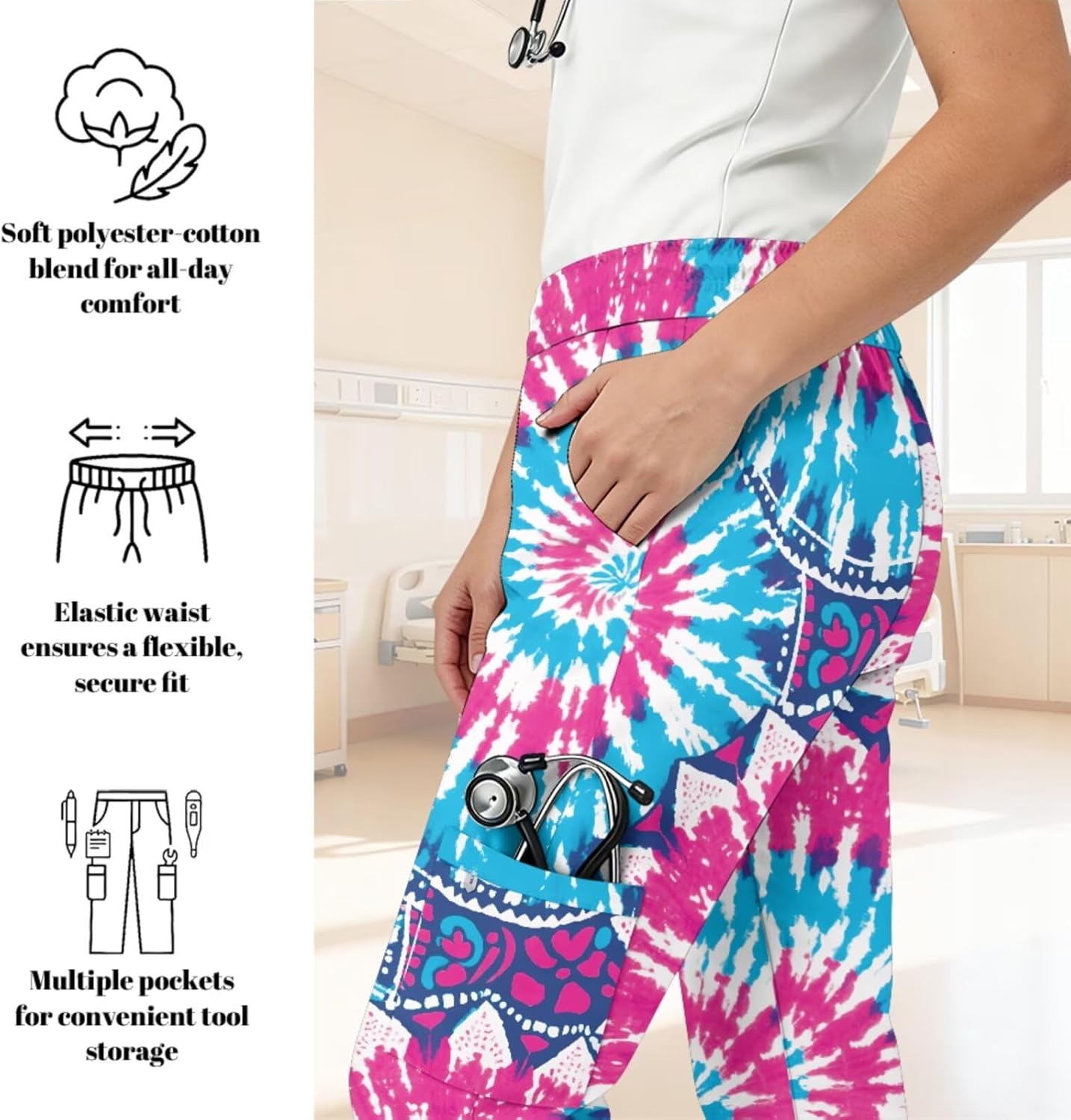 Print Scrubs for Women Set - V-Neck Top and Pants with Pockets Nurse Uniform Fun and Comfortable Workwear