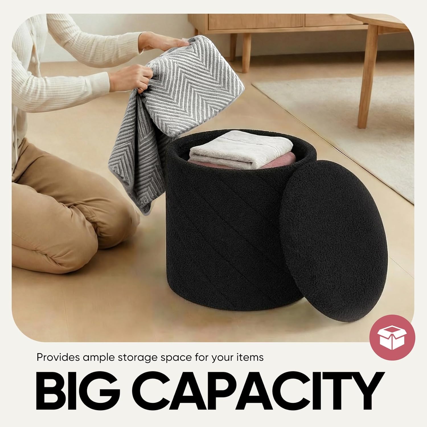 Round Ottoman with Storage - Foldable Stylish Coffee Table for Living Room & Bedroom - Space-Saving Ideal for Home Decor and Organization for Families & Individuals-Black