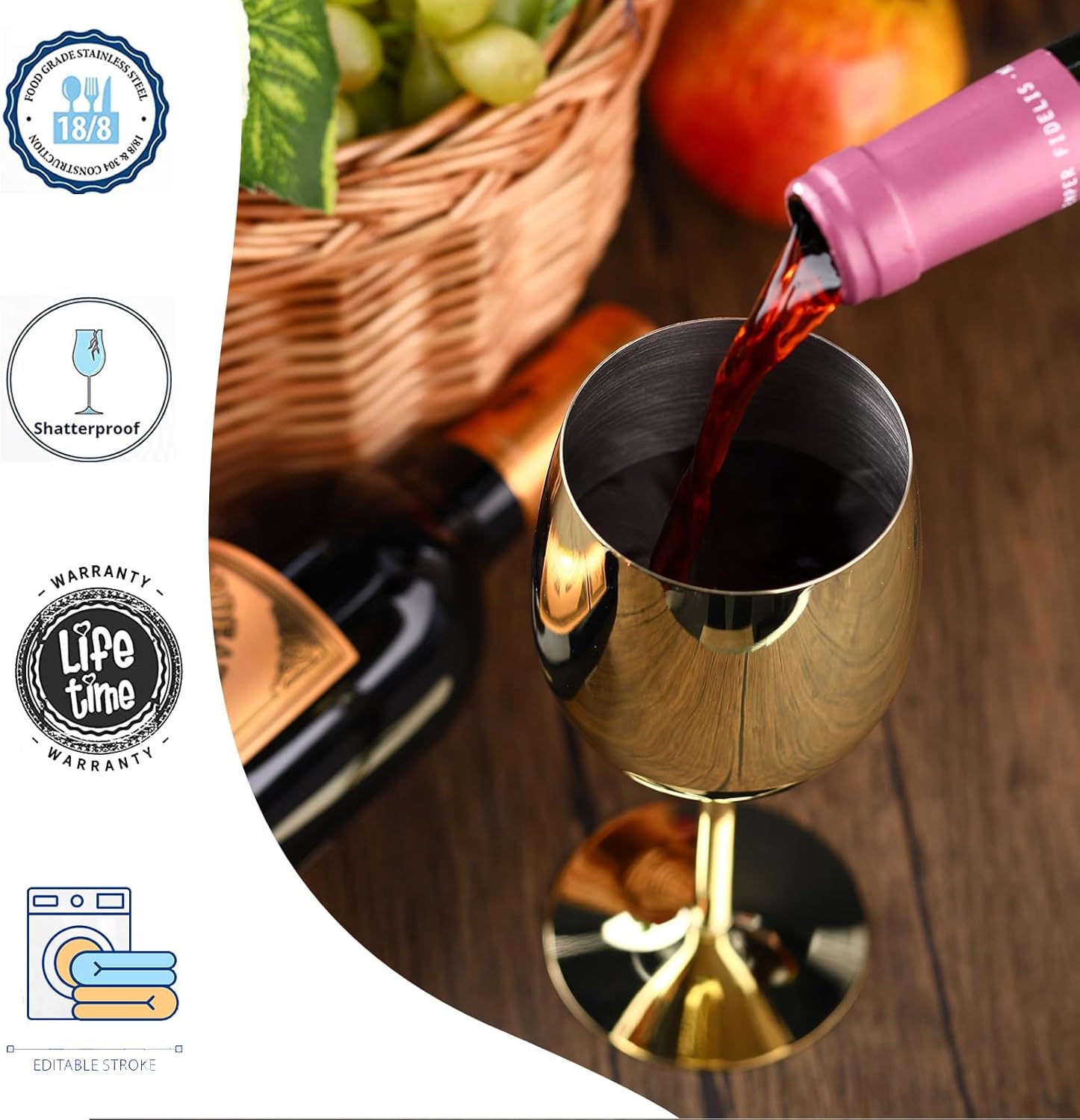 Irenare Set of 4 Stainless Steel Wine Glasses Gold 12 oz Metal Wine Goblets Unbreakable Portable Stemmed Wines Glasses for Wedding Anniversary Party Travel Camping Outdoor Picnics - Image 3