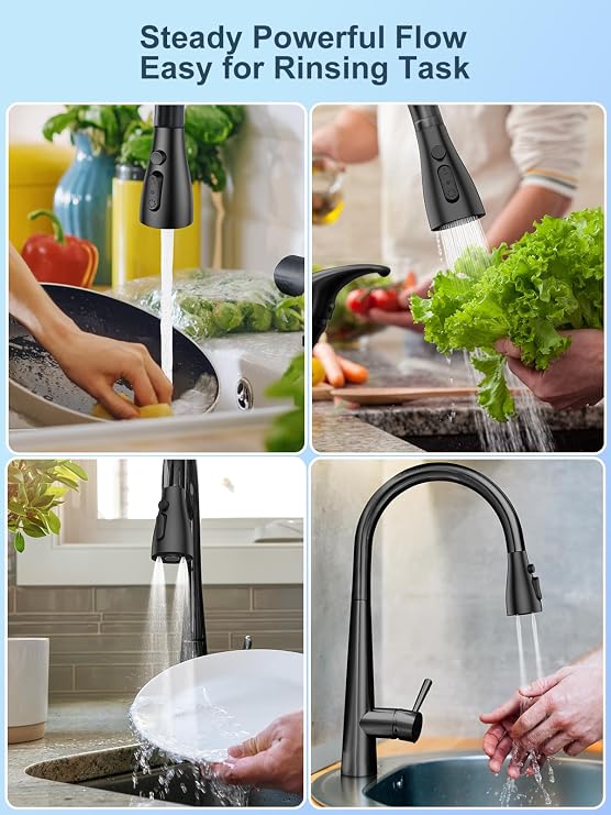 Pull Down Kitchen Faucet Sprayer Head Replacement Part, SREWOHS PRO 4 Function Pull Out Sink Sprayer Replacement Nozzle, Kitchen Faucet Head Spray Tap Spout, Matte Black