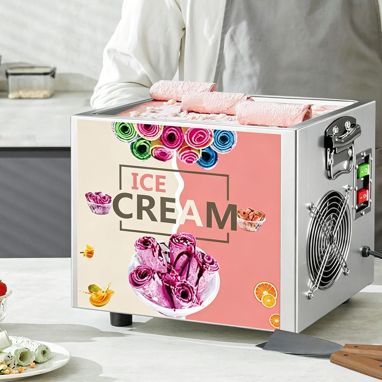 Giuggiolared Commercial Ice Roll Maker, Stir-Fried Yogurt Cream Machine with 24 x 30cm Pan