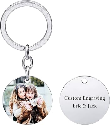 VIBOOS Personalized Round Tag Keychain Custom Engraving Photo Name Date For Women Men Boys Girls Stainless Steel Picture Relationship Birthday Gifts Lovers Jewelry(silver)