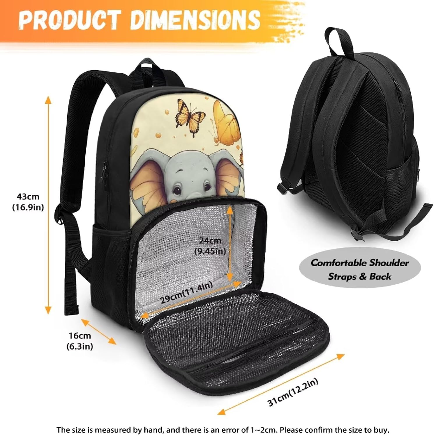 Elephant All-in-One Backpack for Kids Lunch Box with Food Compartment Insulated Cooler Kids Lunch Bag Large Capacity Bookbag for Girls Boys 10-12 Back to School Gifts