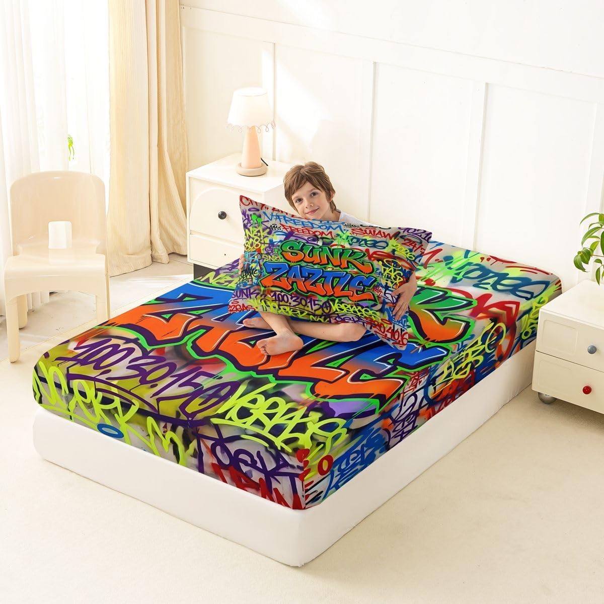 Colorful Graffiti Bed Sheets Twin Neon Urban Street Art Fitted Sheet Colorful Hip Hop Theme Bedding Set for Kids Boys Girls,Fashion Hippie Style Bed Cover 2 Pcs