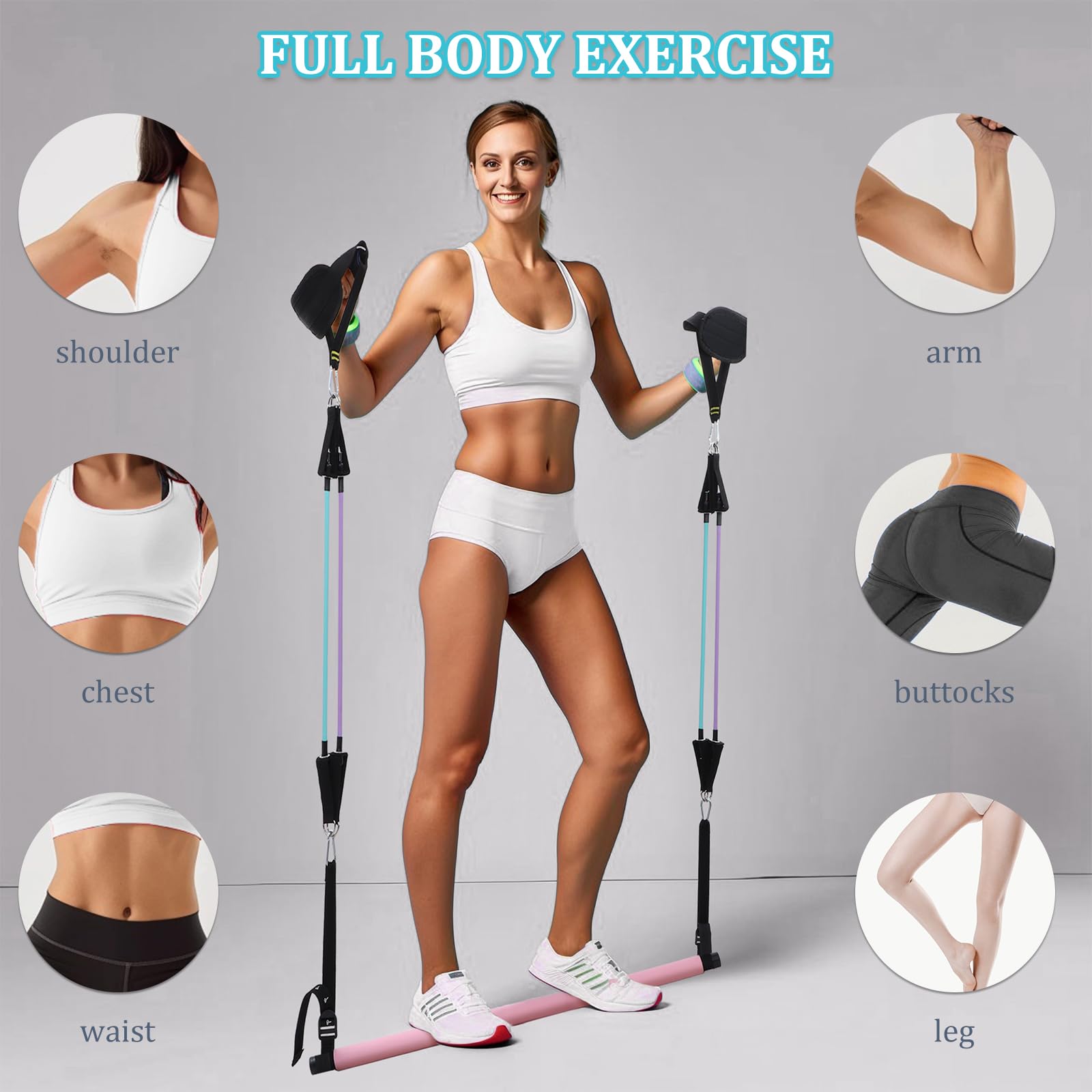Barra per Pilates con 6 Elastico Fitness, Kit Elastici Fitness Fascia di Resistenza, Pilates Bar per Casa Palestra Yoga Stretching Pilates Fitness Allenamento di Forza
