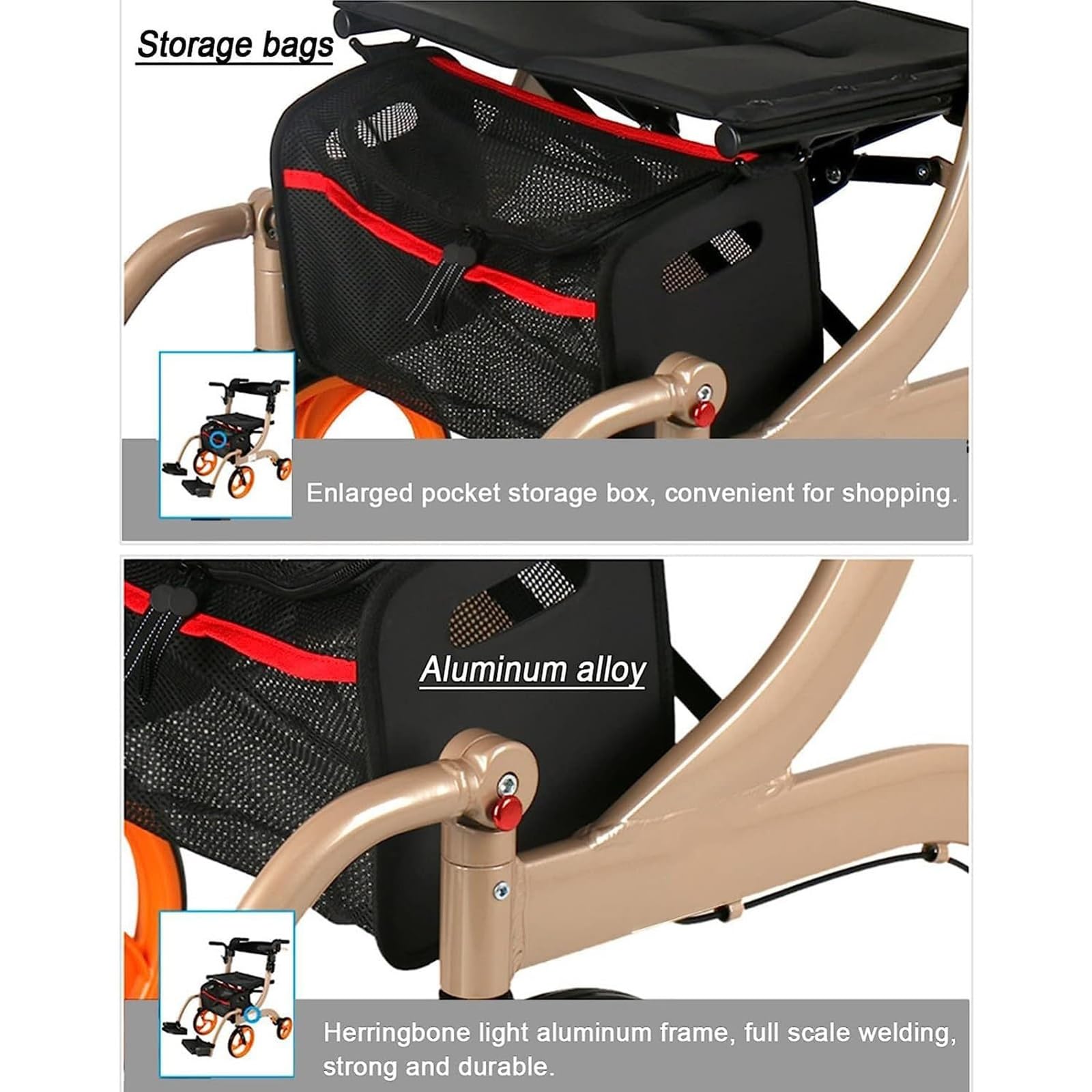 Rollator Walker with Seat Seniors 2-w-1 Rollator Walker Wheelchair Combo Transport Wheelchair Lightweight Foldable 220lb Collapsible 4 Wheel Transport Chair w/Brake Footrest Pouch