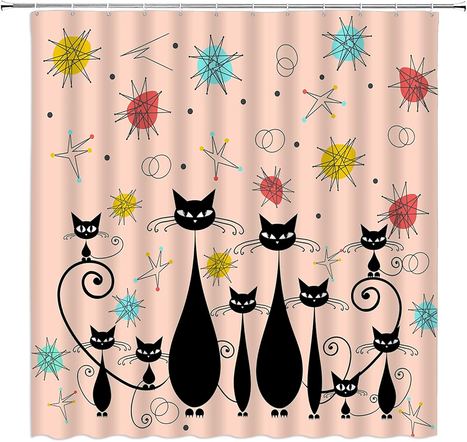 Mid Century Modern Shower Curtain Atomic Cat Diamonds Iconic Sputnik Star Paw Print Retro Abstract Vintage Geometric 1950s 1960s Fabric Bathroom Decor Curtains with Hooks,Pink