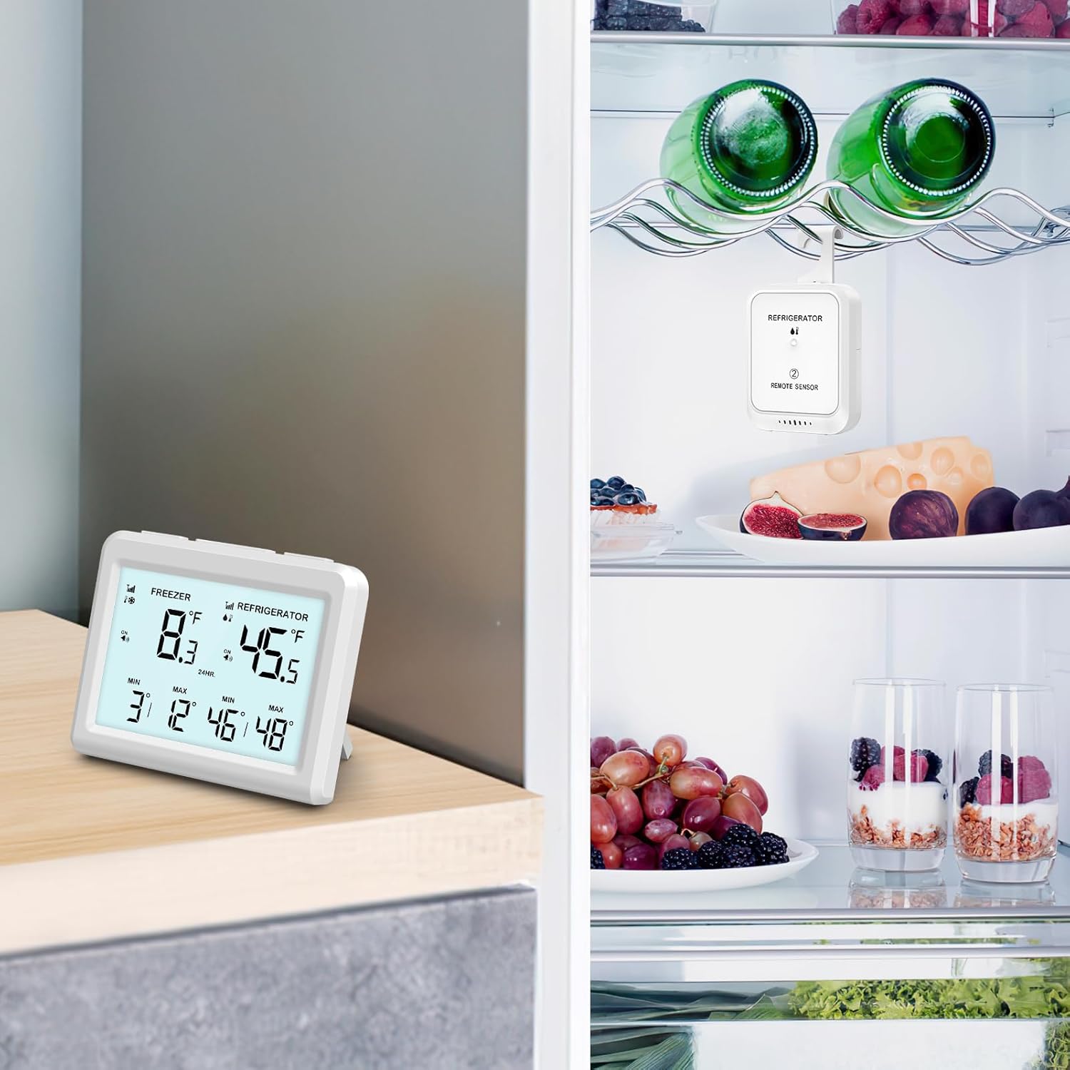 Digital Refrigerator Thermometer - 3.7 inch LCD Backlight Freezer Thermometer with 2 Sensors, Digital Fridge and Freezer Thermometer with Alarm, Max/Min Records, for Homes Restaurants Cellars