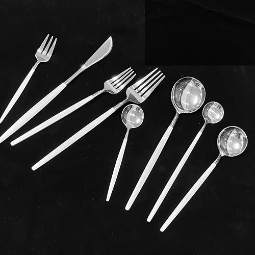 Miniatura 5 de Gugrida Cubertería de cuchara plateada con mango blanco, 6 piezas con acabado de espejo de acero inoxidable 1810, cuchillo de carne de 8.3in,
