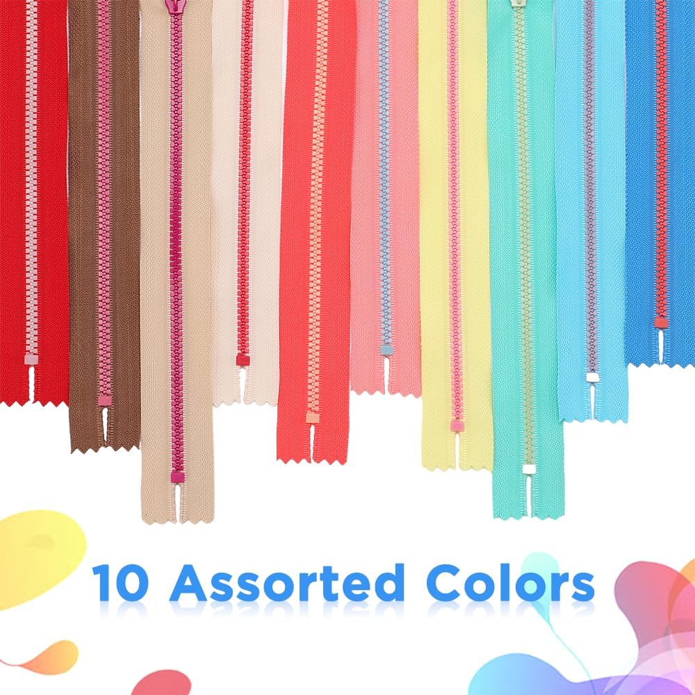 20pcs Zippers for Sewing, #3 Resin 20cm/8inch Replacement Sewing Supplies in Bulk with Lifting Ring Quoit for DIY Craft Tailor Bag Purse Garment (10 Color)