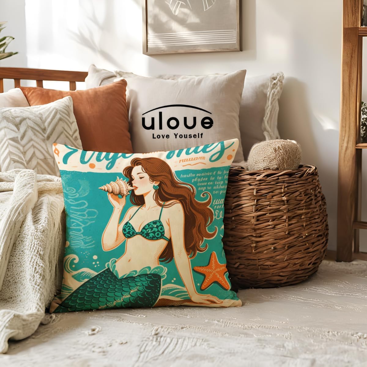ULOVE LOVE YOURSELF Ocean Theme Throw Pillow Case Mediterranean Style Cotton Linen Mermaid Square Cushion Covers 18 X 18 Inch Nautical Pillow Covers,4 Pack Coastal Pillow Covers image 3