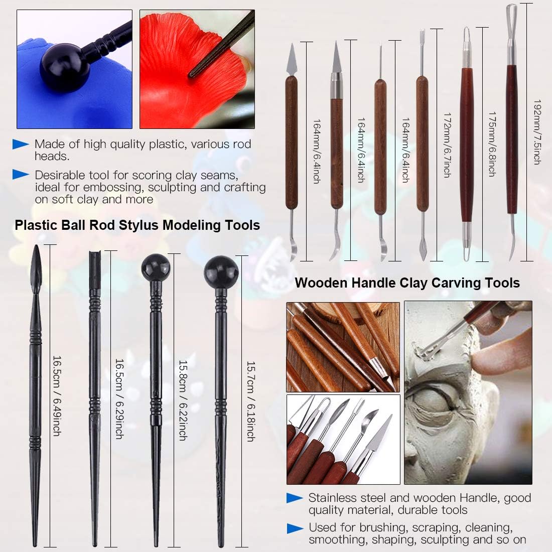 Glarks 21Pcs Carving Modeling Clay Sculpting Tool Set Including Pottery Sculpture Tool, Silicone Tip Pen, Dual-End Dotting Clay Tool, Scraper, Tweezers, Ruler, Acrylic Clay Roller, Acrylic Sheet image 3