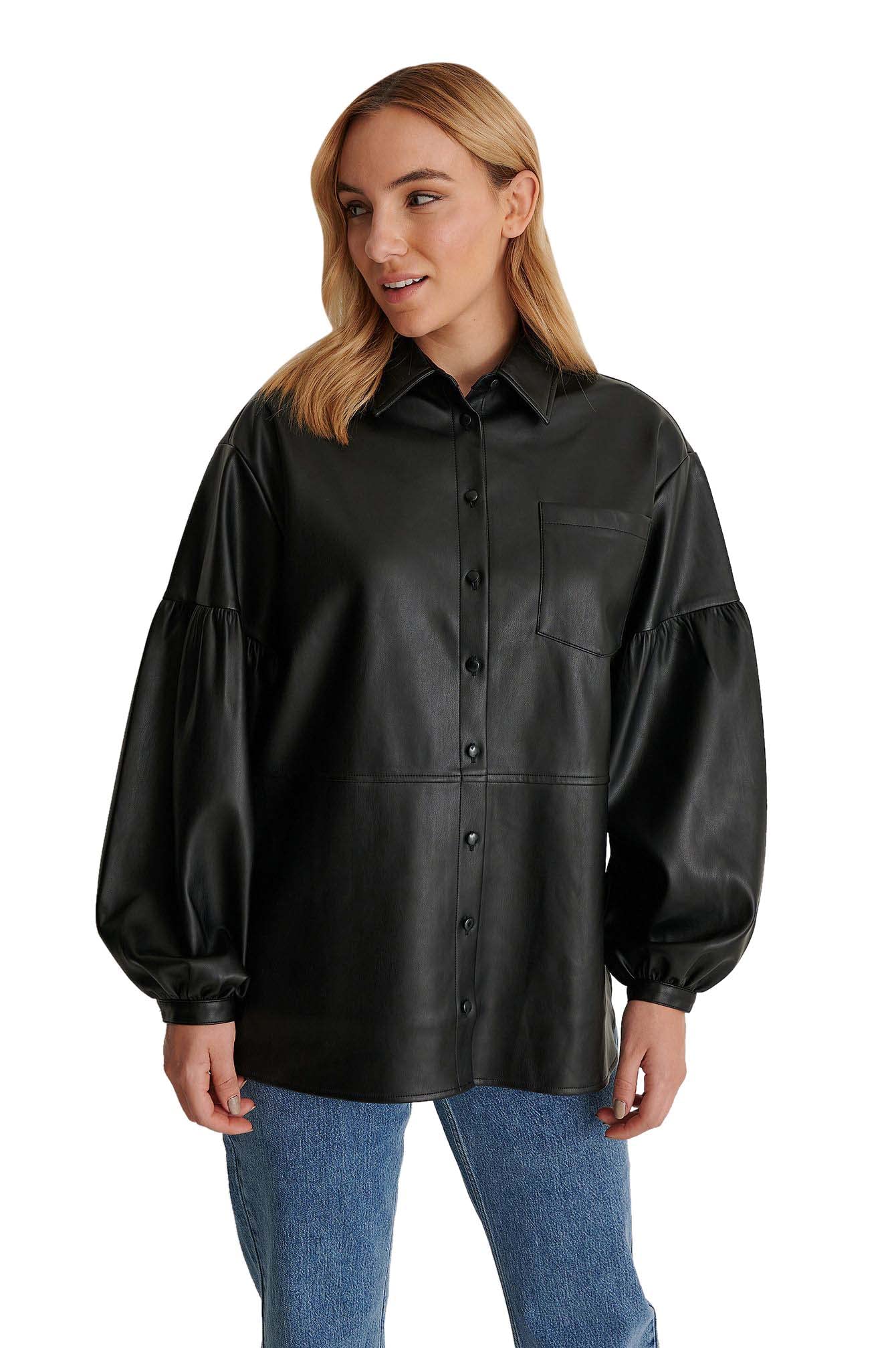 NA-KD Women's Oversized Puff Sleeve PU Shirt, Black, 4 UK